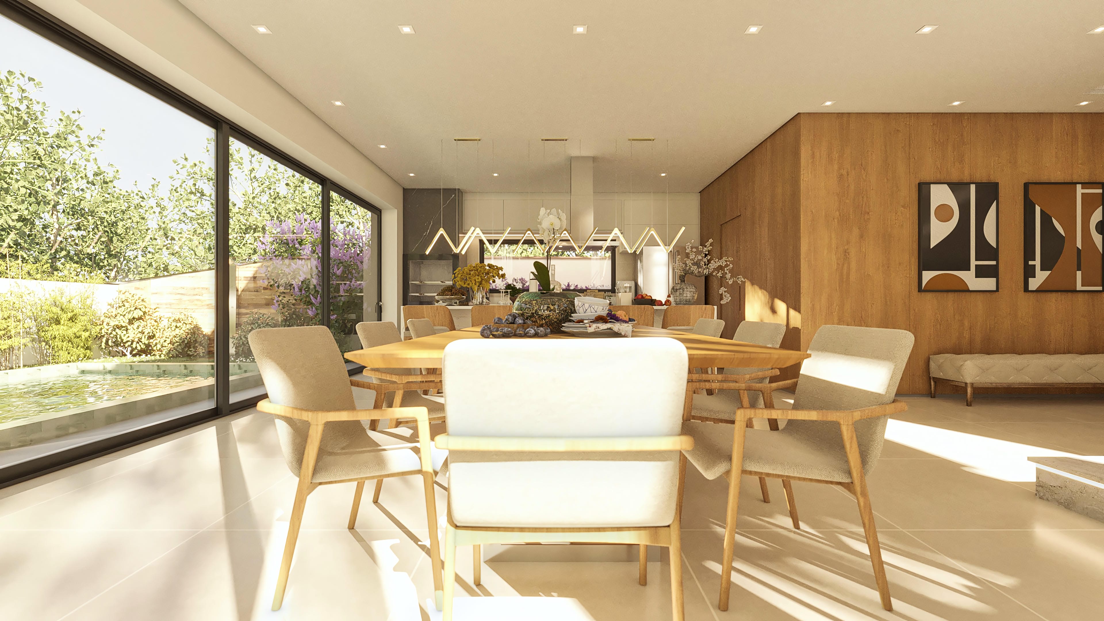 Interior elegante con mesa de comedor para 8 personas, enmarcada por amplios ventanales que revelan área externa con piscina y paisajismo exuberante. Detalles en madera e iluminación moderna.