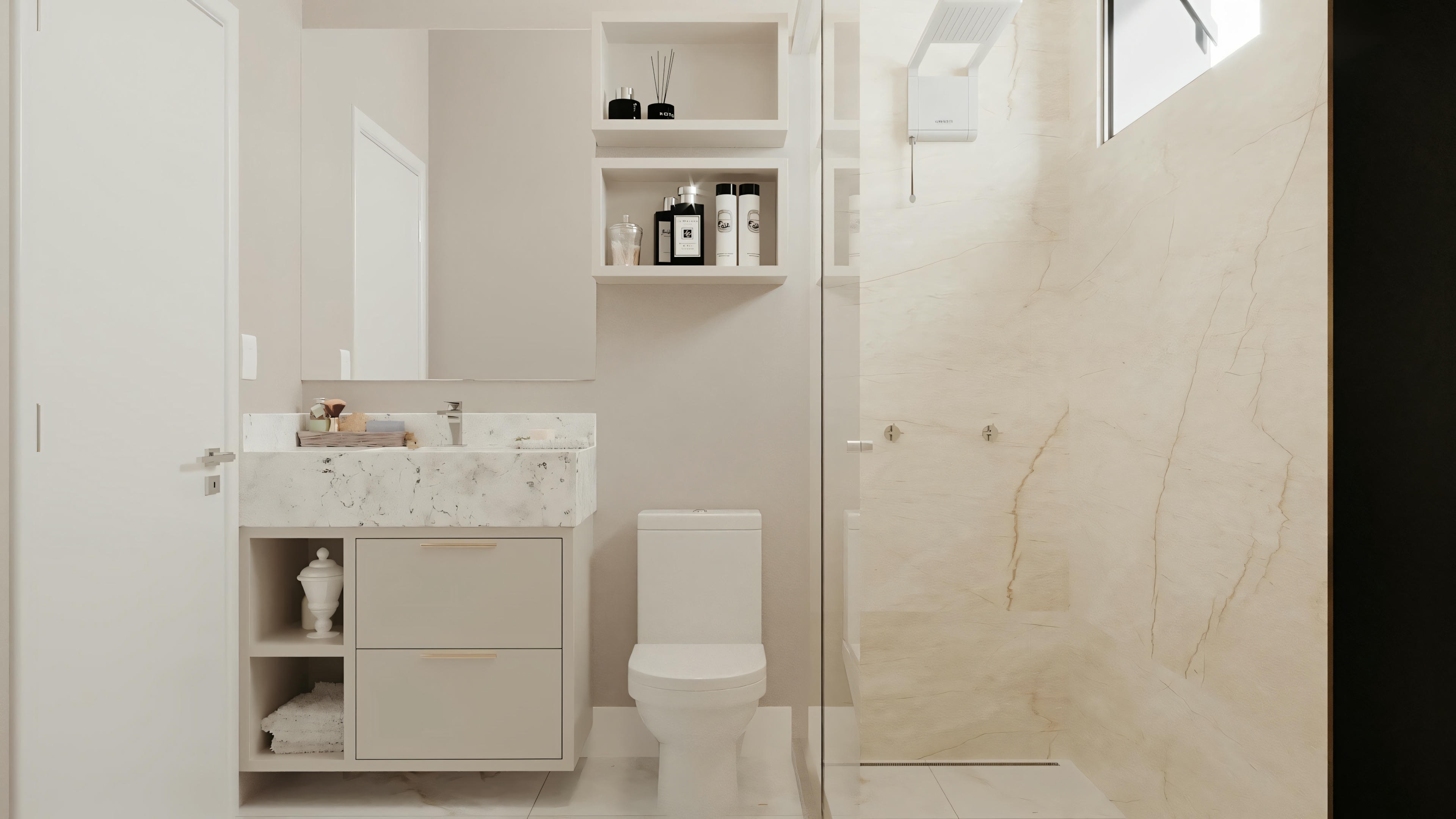 A small bathroom with white walls, featuring a toilet, a sink with a mirror above, and a shower area to the right.