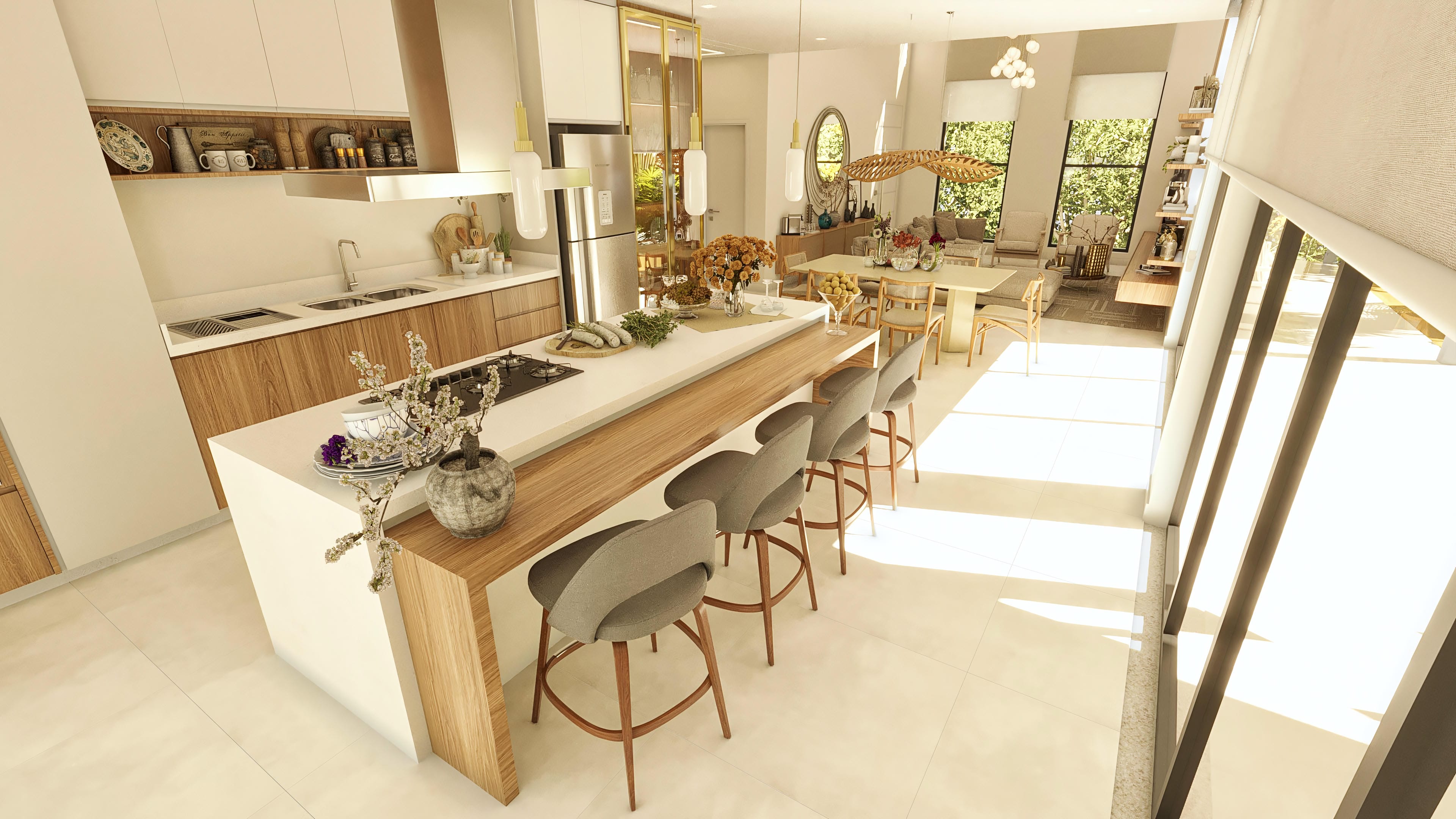 Interior de sobrado moderno com cozinha integrada, ilha gourmet e sala de jantar com vista para área externa.