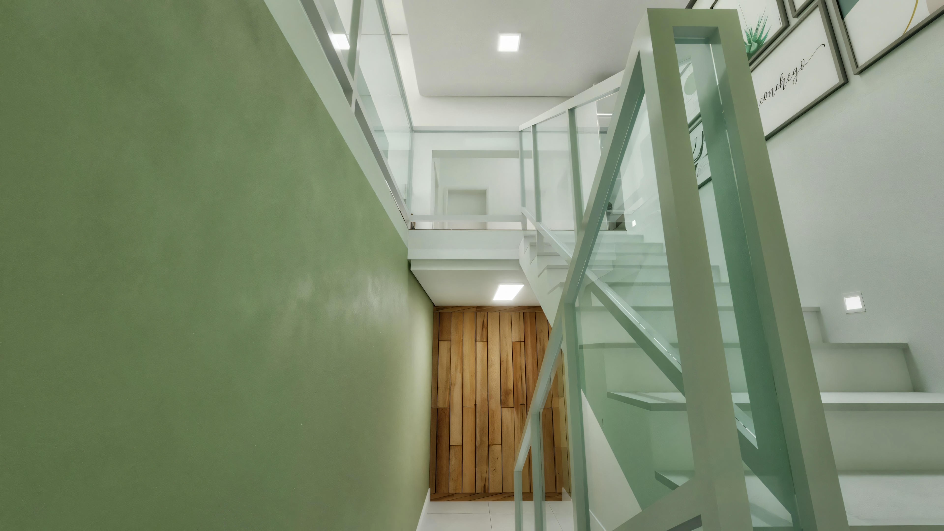 A staircase with green walls, a wooden railing, and a curtain at the bottom.