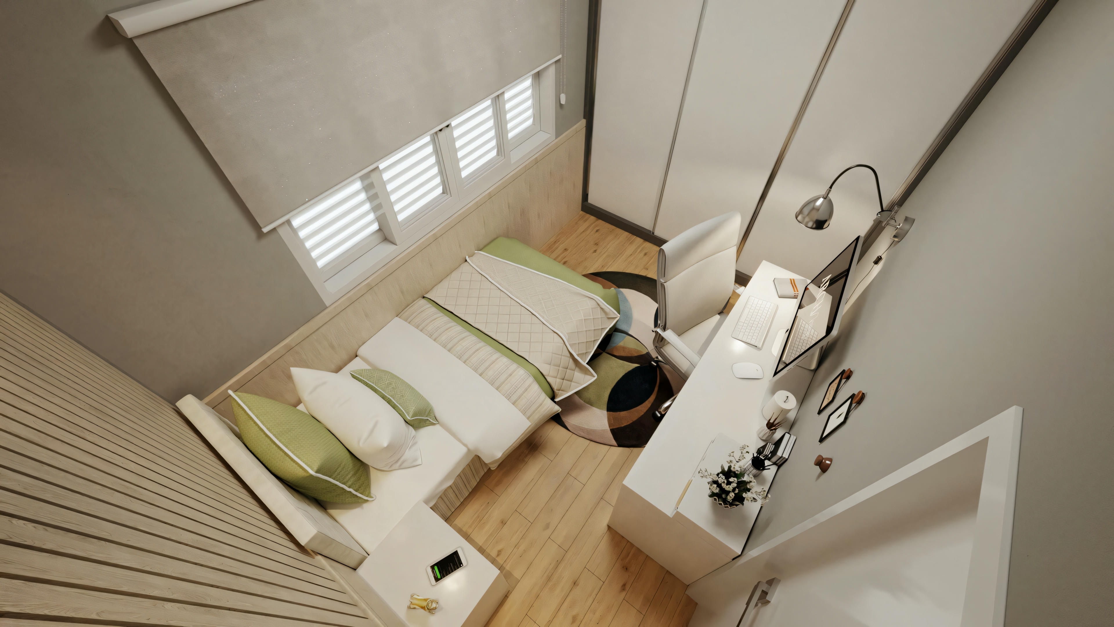 Top view of the layout of a small, narrow bedroom in a 70 m² house (2 bedrooms), showing the arrangement of the bed, study desk, and custom-made wardrobe.