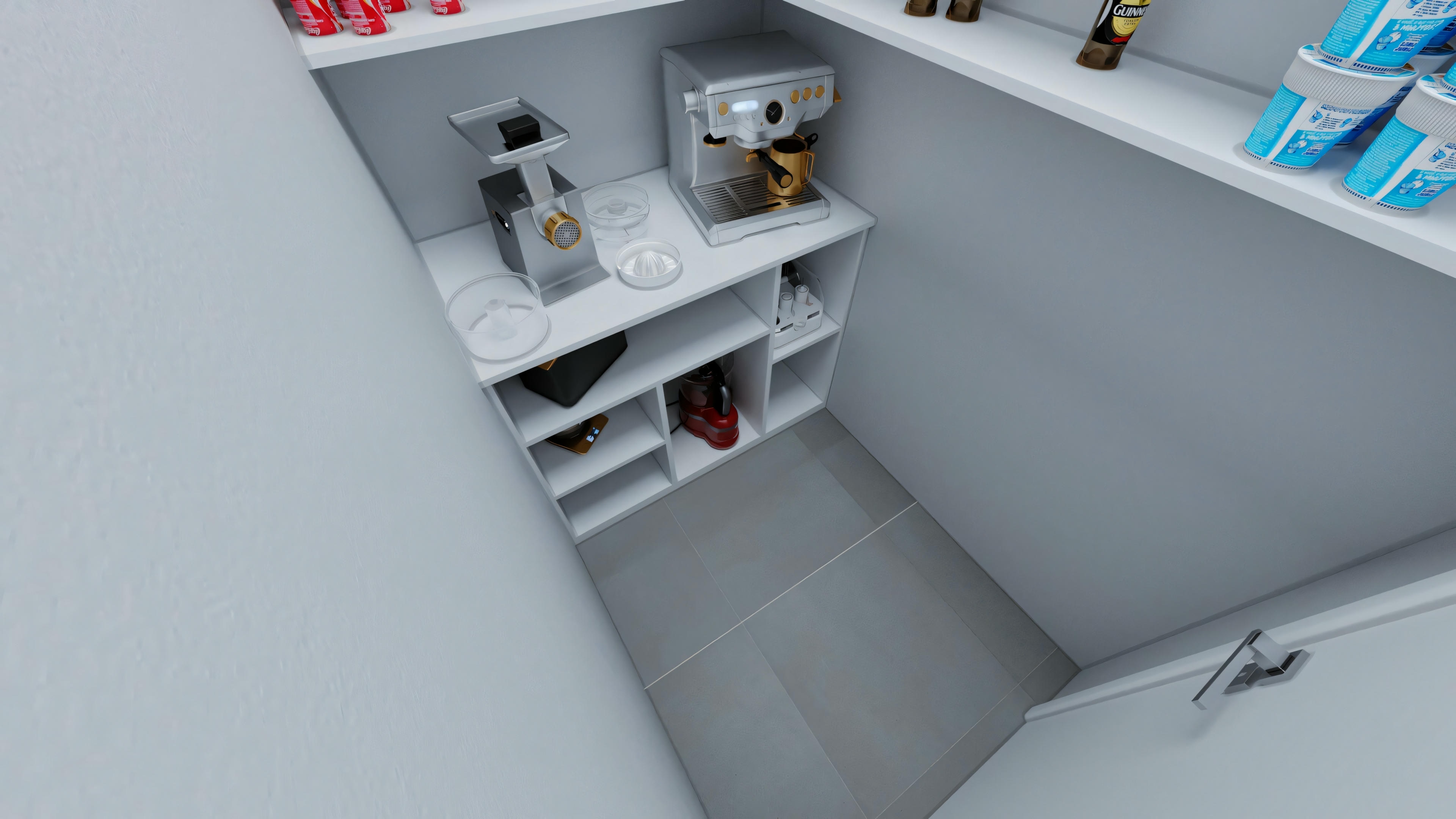 Interior view of a white shelf with decorative items and a blurred background.