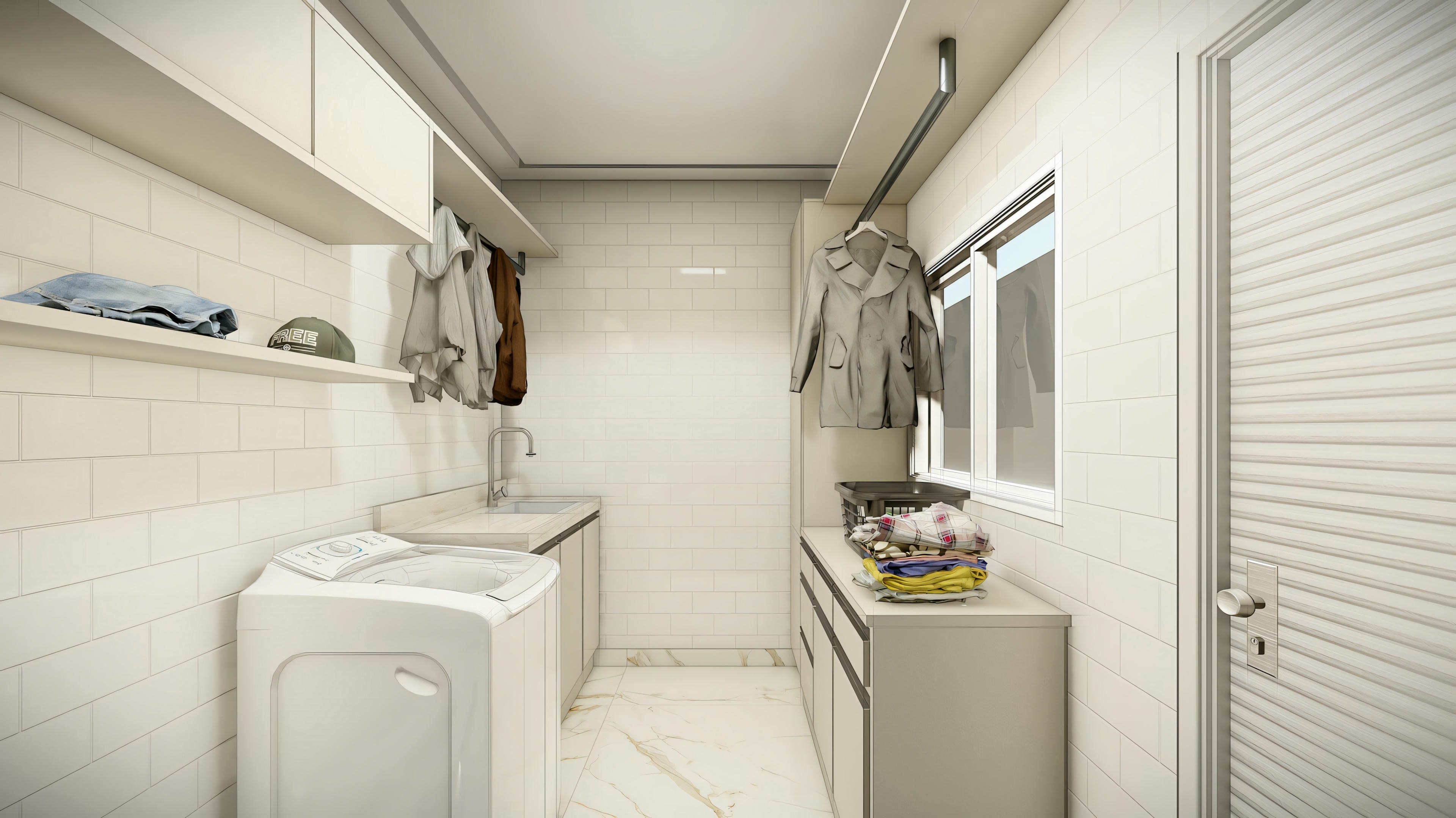 white tiles and elegant lighting fixtures.