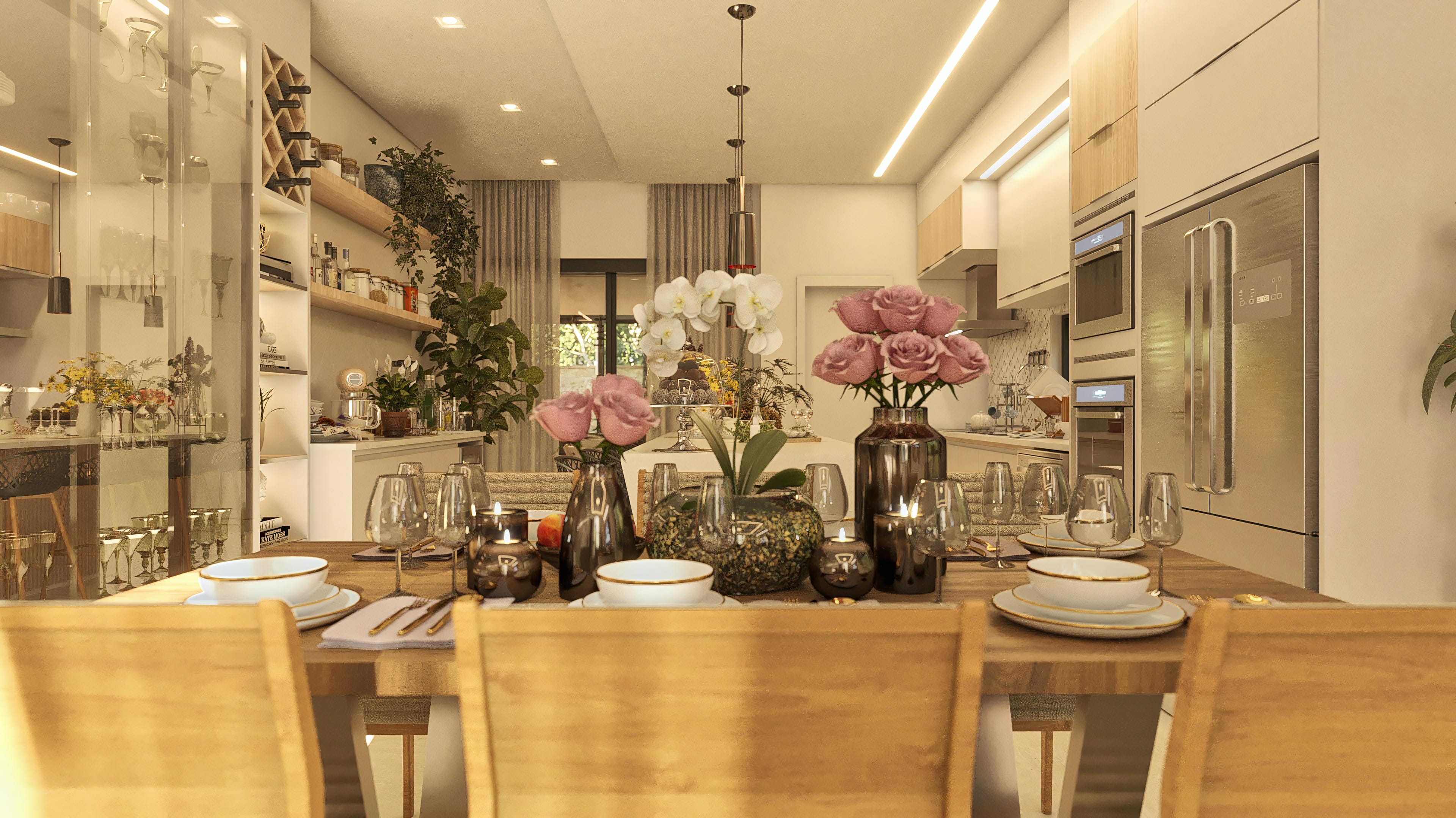 Vista interna de una casa de dos niveles con comedor y cocina integrados, presentando mesa servida con vajilla fina, arreglos florales y armarios a medida en tonos neutros y amaderados.