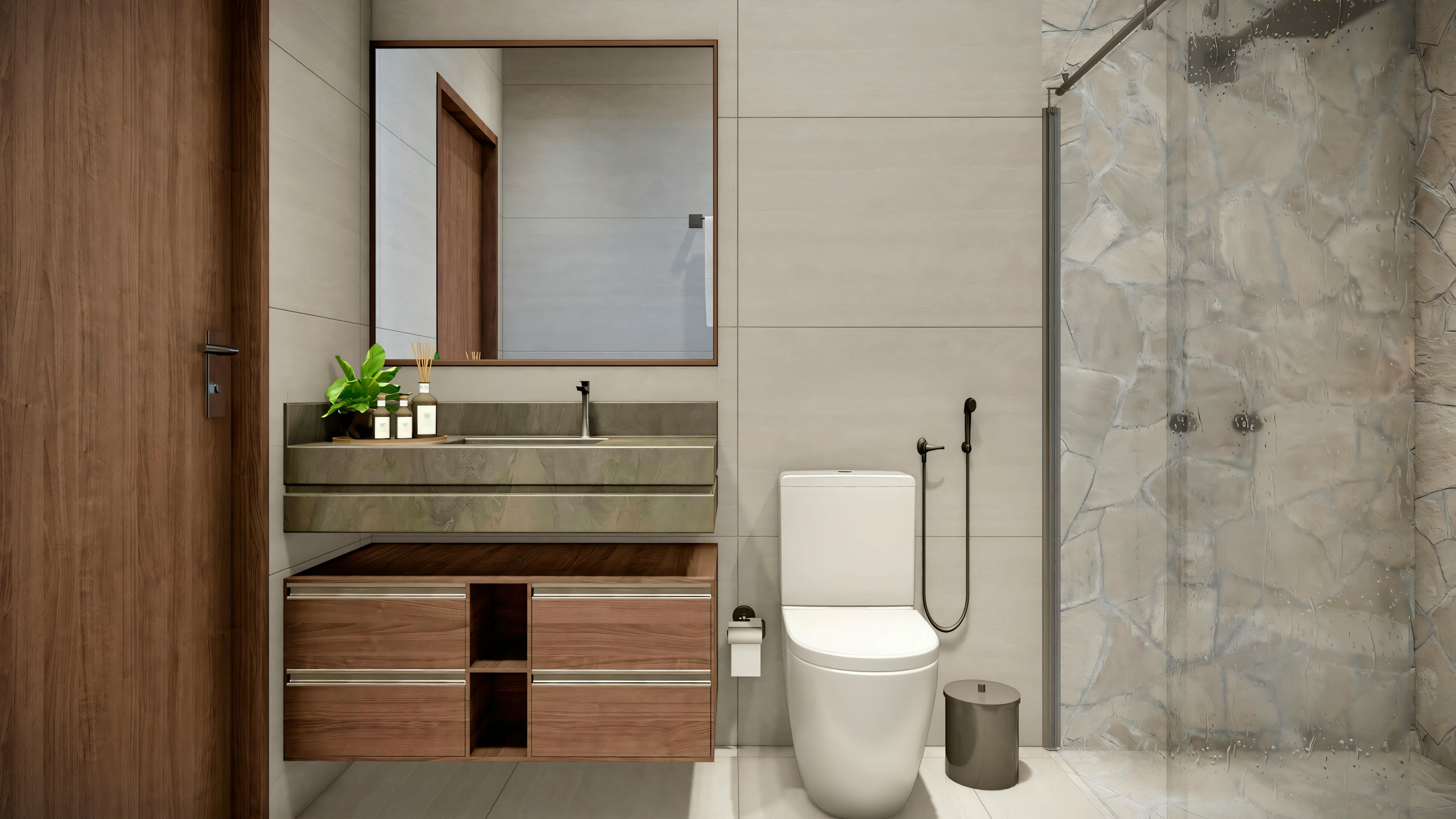 Un baño con inodoro, lavabo y decoración minimalista.