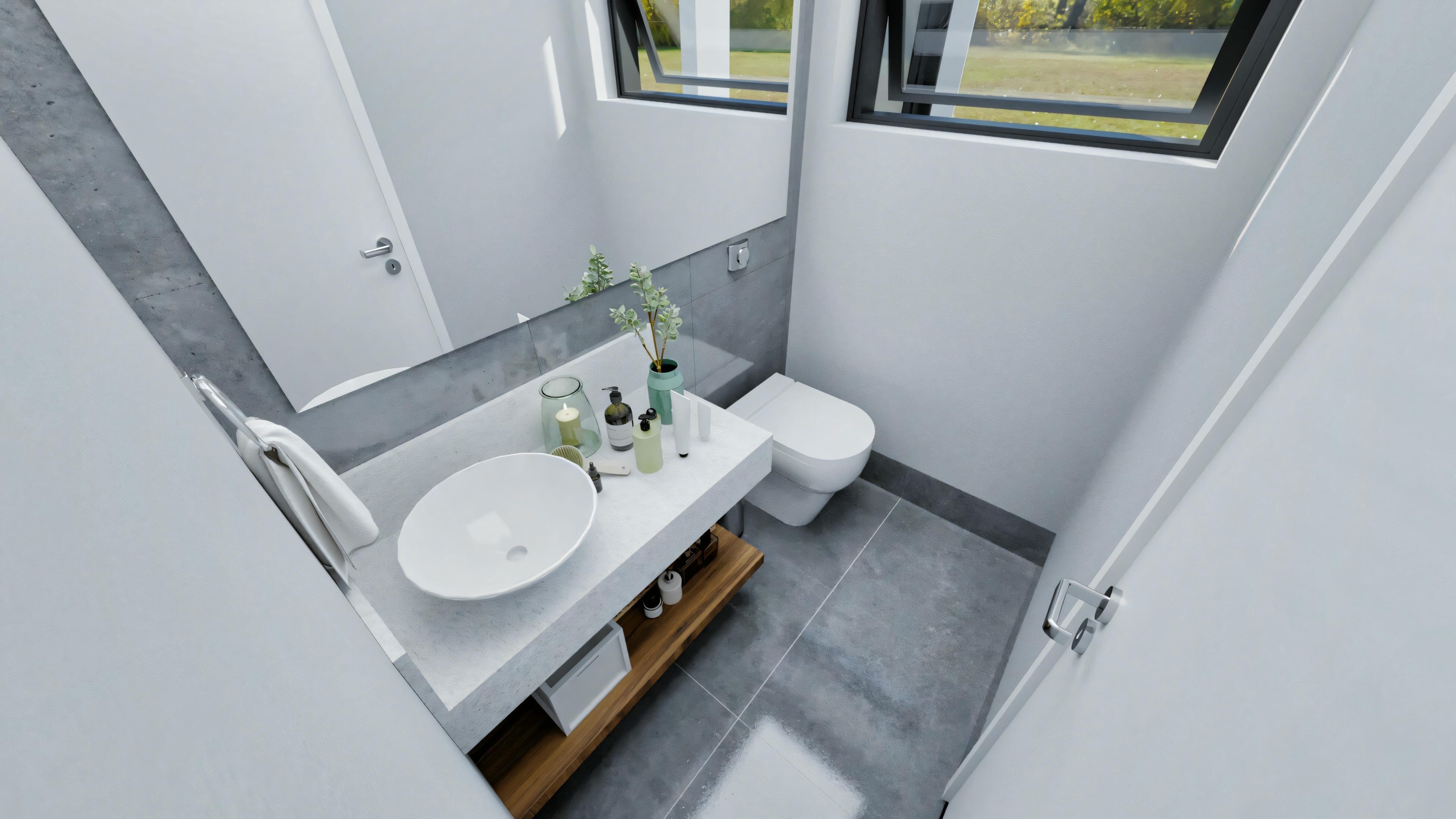 Otro ángulo del mismo baño, centrándose en la zona del inodoro con una pequeña ventana encima y el lavabo con estanterías de almacenamiento.