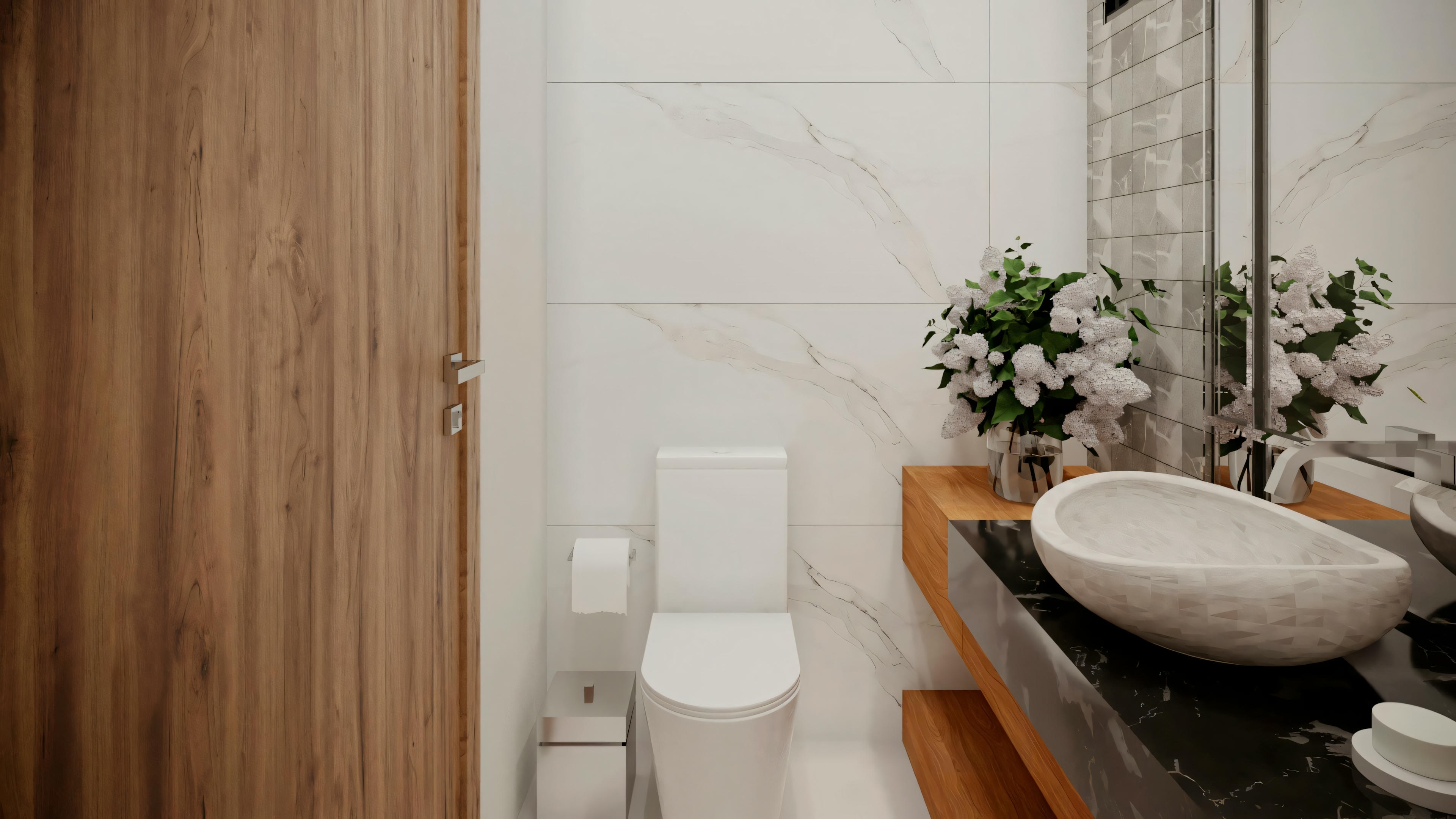 Un baño con puerta de madera parcialmente abierta, revelando un lavabo de piedra sobre una encimera de madera, paredes blancas y una planta.