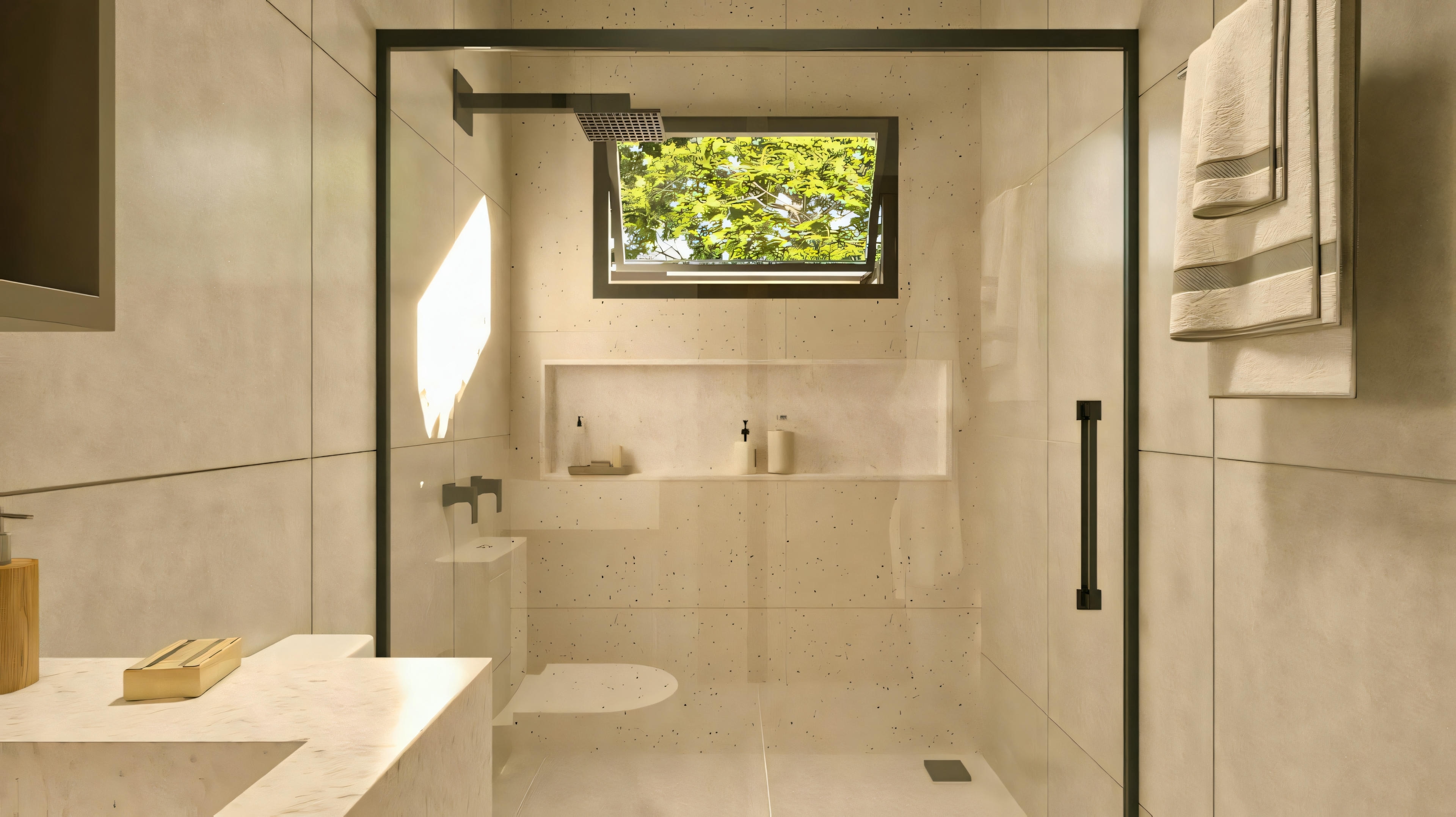 White tiled bathroom.