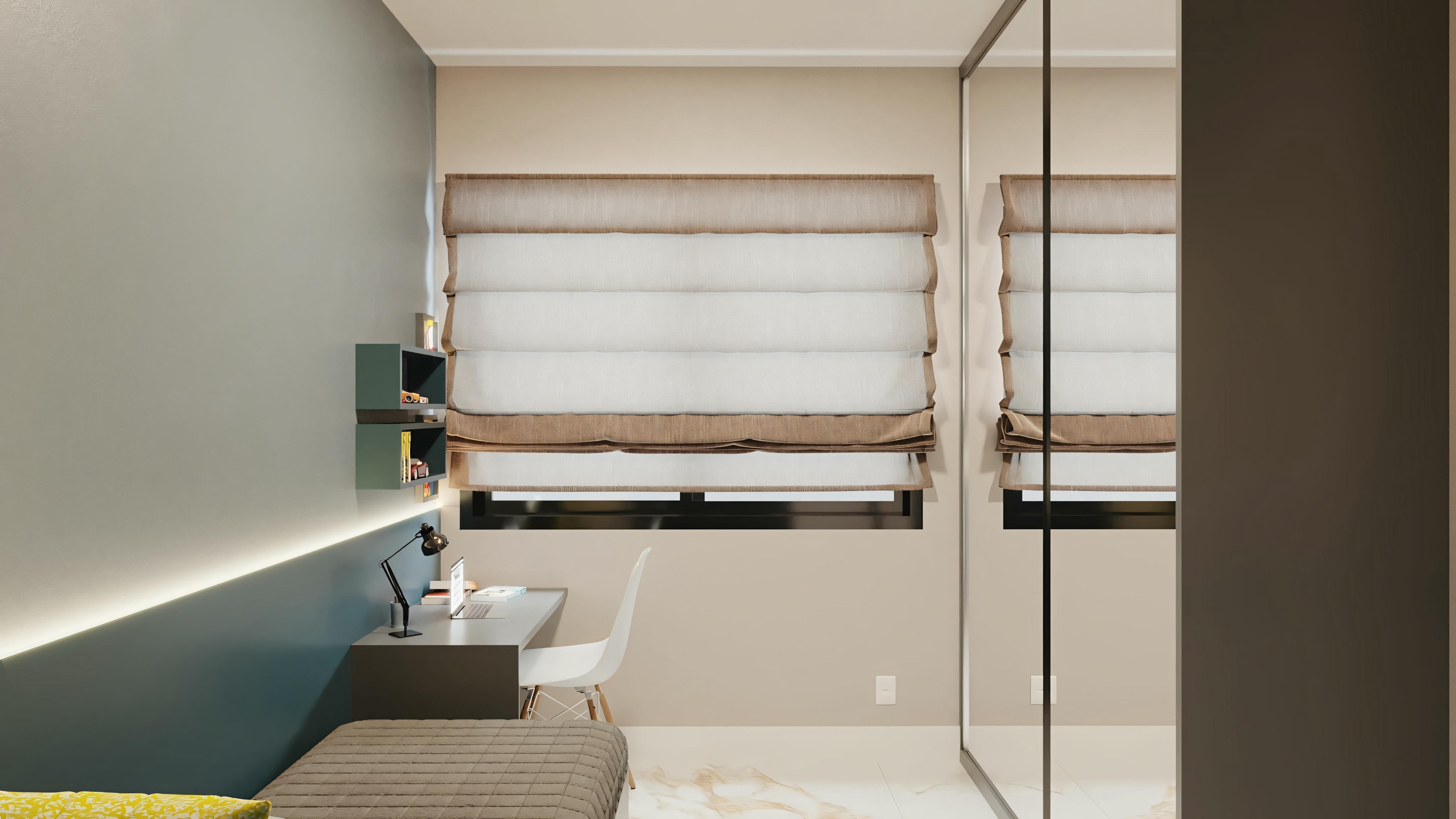 A bathroom with a sink and a large mirror above, with a towel or cloth hanging to the right of the sink.