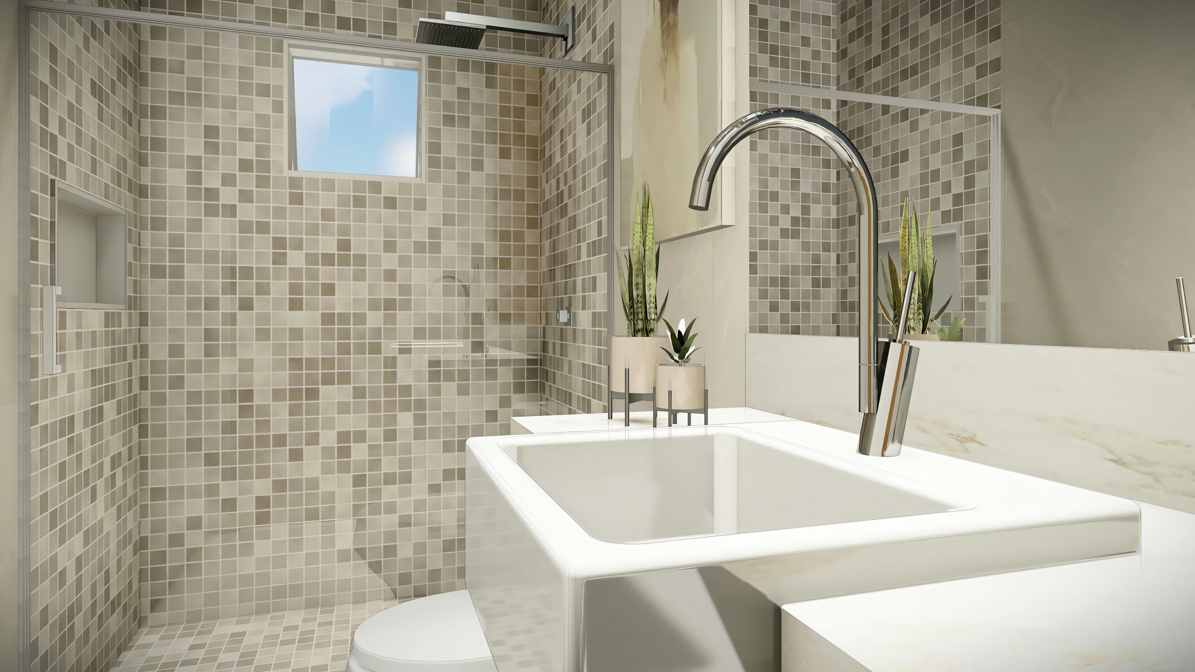 A bathroom with two sinks and a glass shower enclosure.