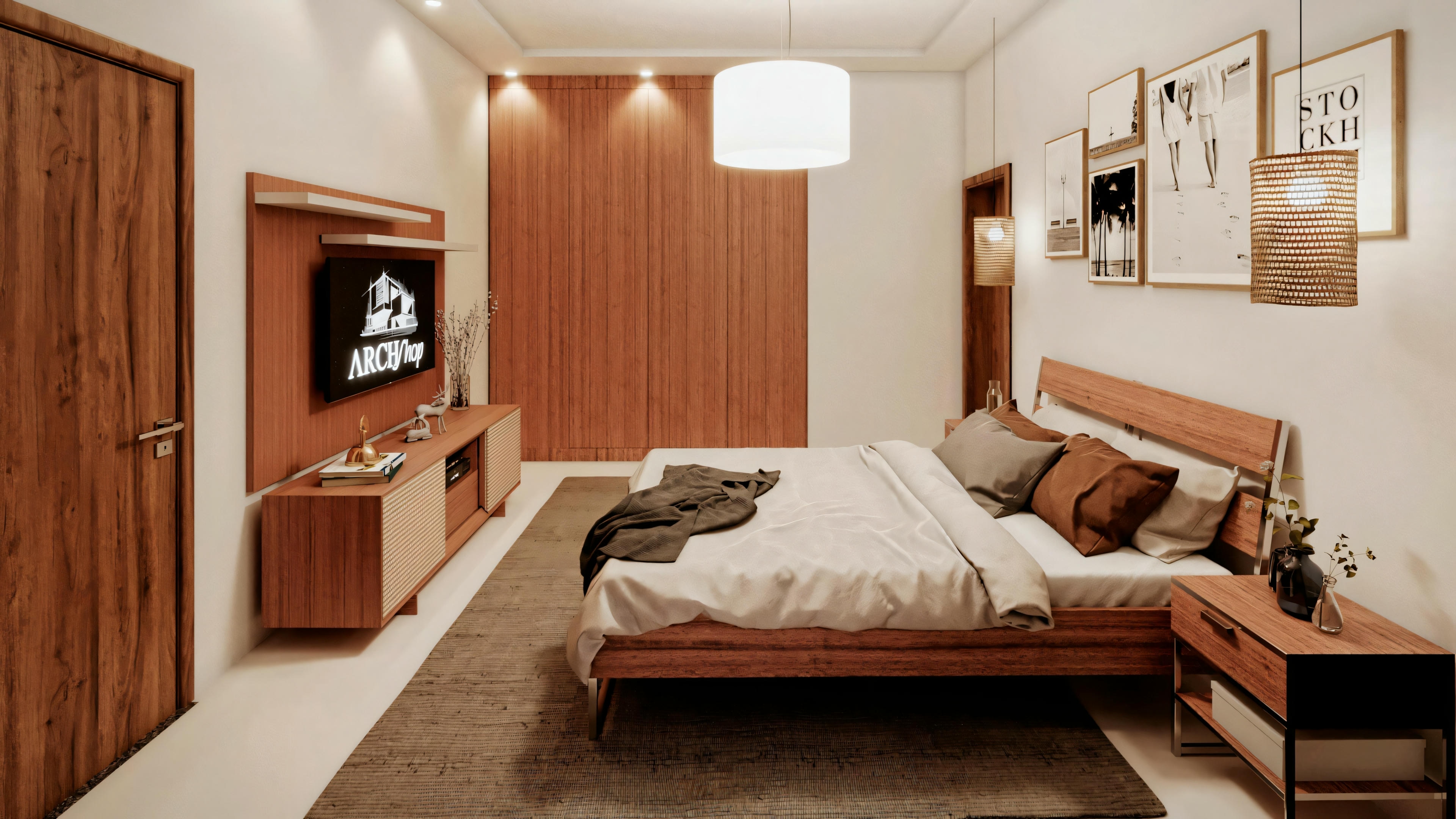 A bedroom with warm lighting, wood-paneled walls, a bed with dark bedding in the center of the room, and a flat-screen TV mounted on the wall opposite the bed.