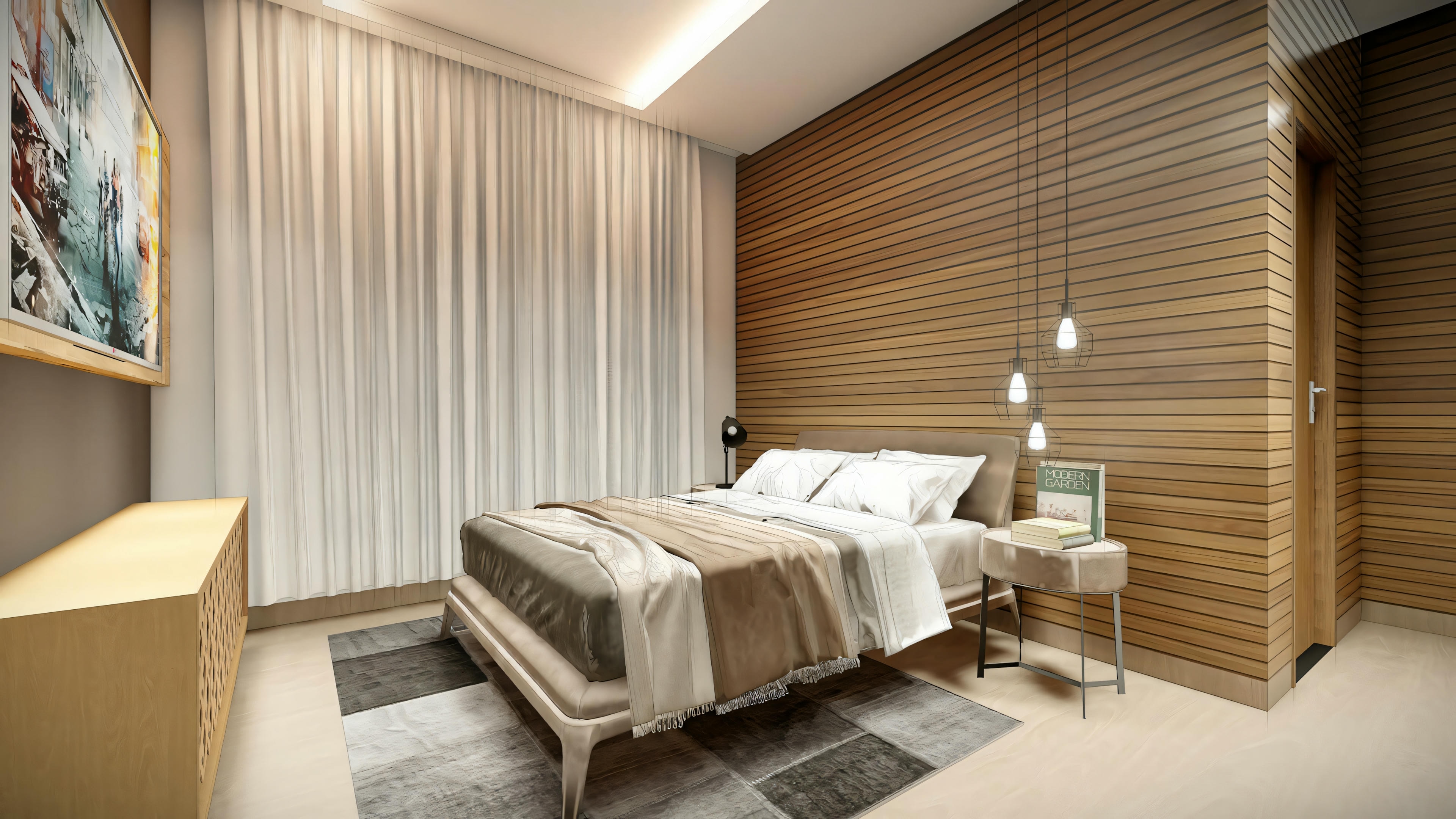 A bedroom with a large bed, bedside tables, and lamps. A slatted wood wall and white curtains add to the contemporary style of the room.