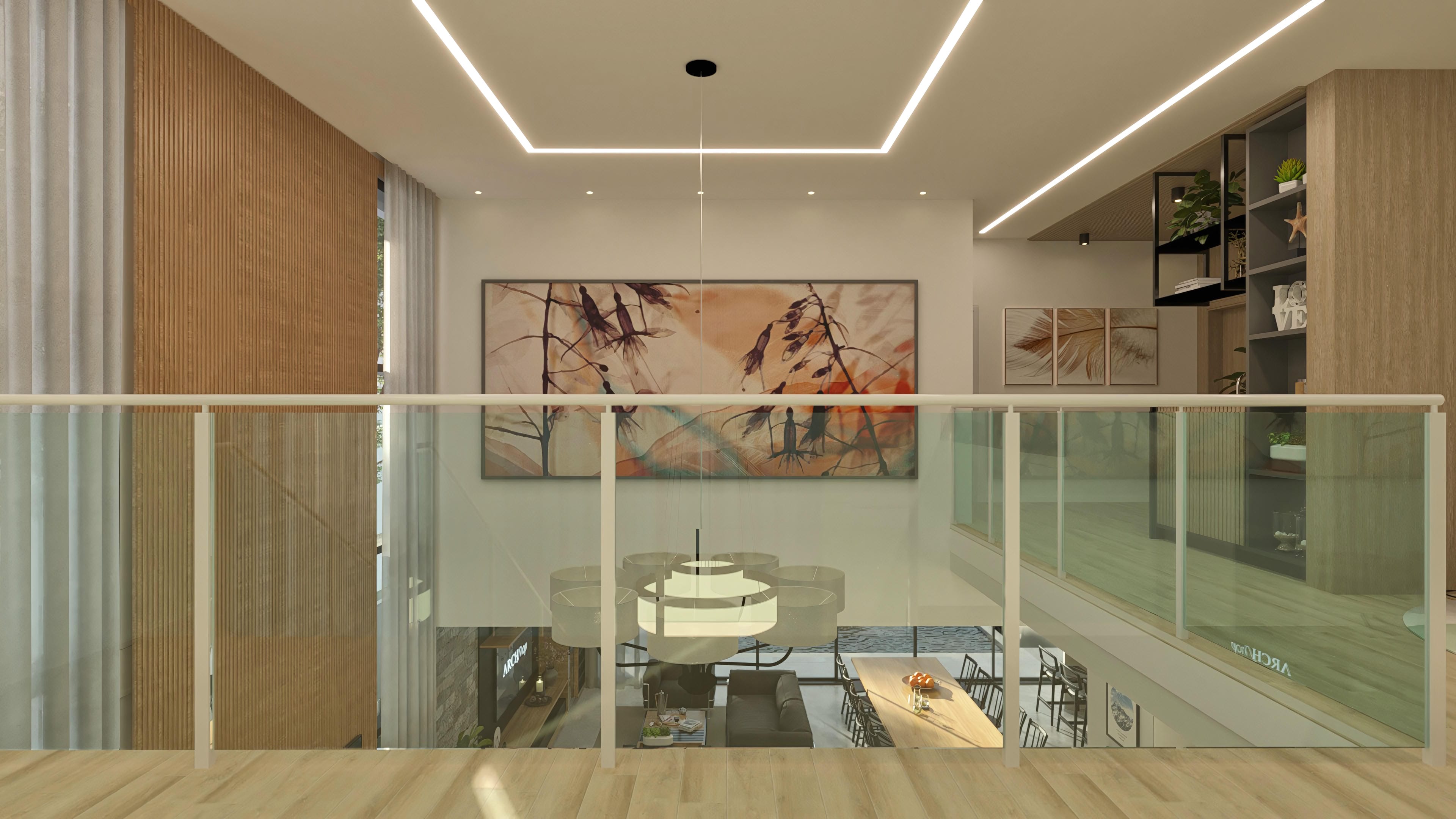 Interior de casa de dos pisos moderna con 4 suites y oficina, presentando detalles en madera listonada, iluminación LED empotrada y grandes obras de arte.