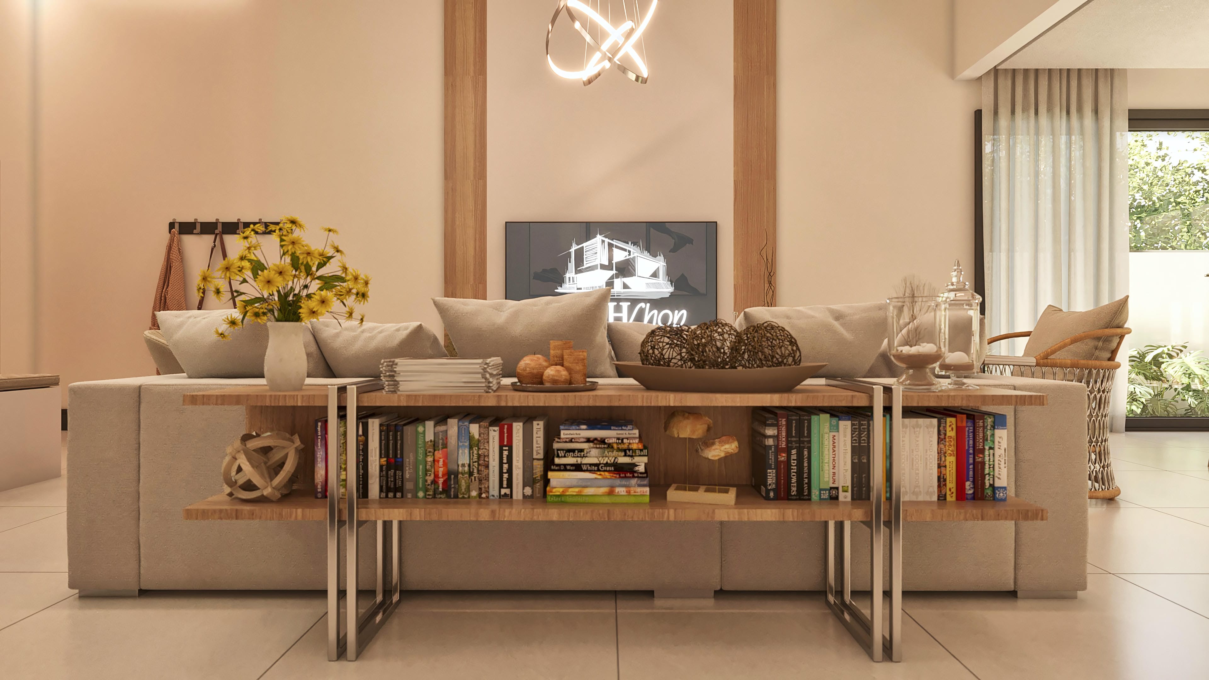 Vista interna de una casa de una planta moderna con sofá beige, estantería de madera y metal con libros y objetos decorativos, y cortinas traslúcidas que revelan el área externa.