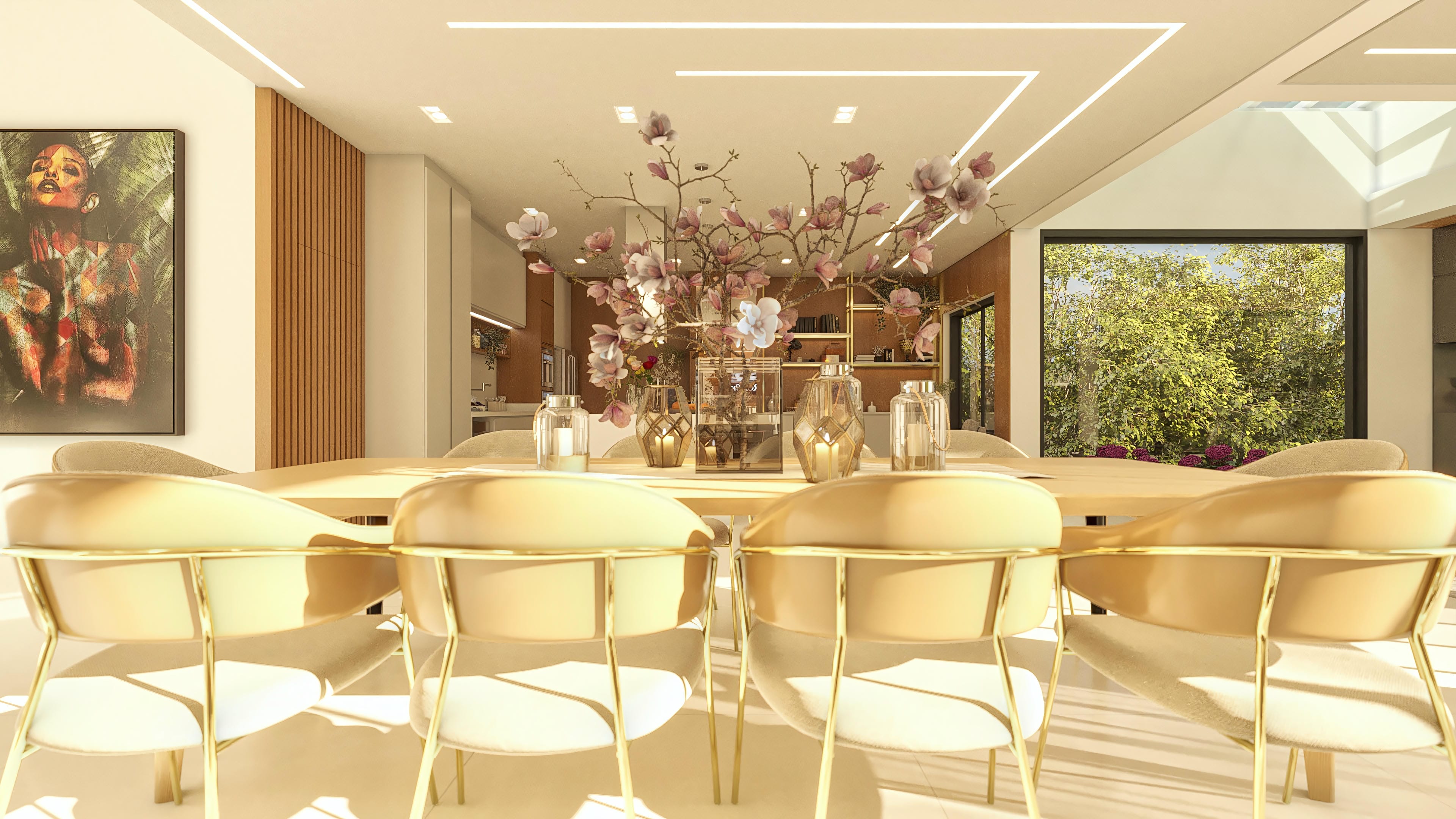 Comedor de lujo con mesa de madera clara, sillas tapizadas en tonos neutros, iluminación empotrada en el techo y arte moderno en la pared.