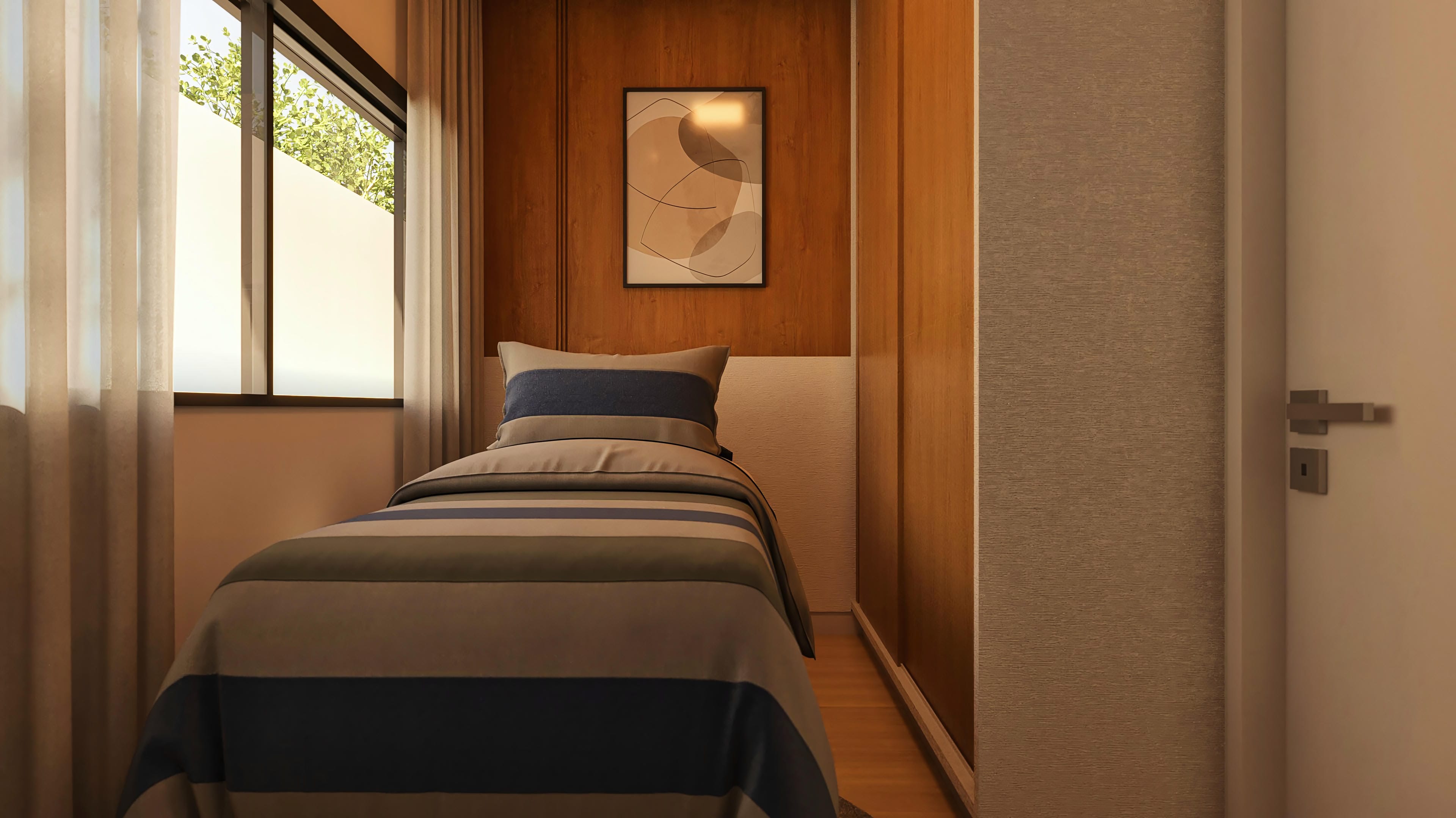 Internal view of a bedroom with a single bed, a large window with curtains, and a wooden wall, ideal for compact house projects.