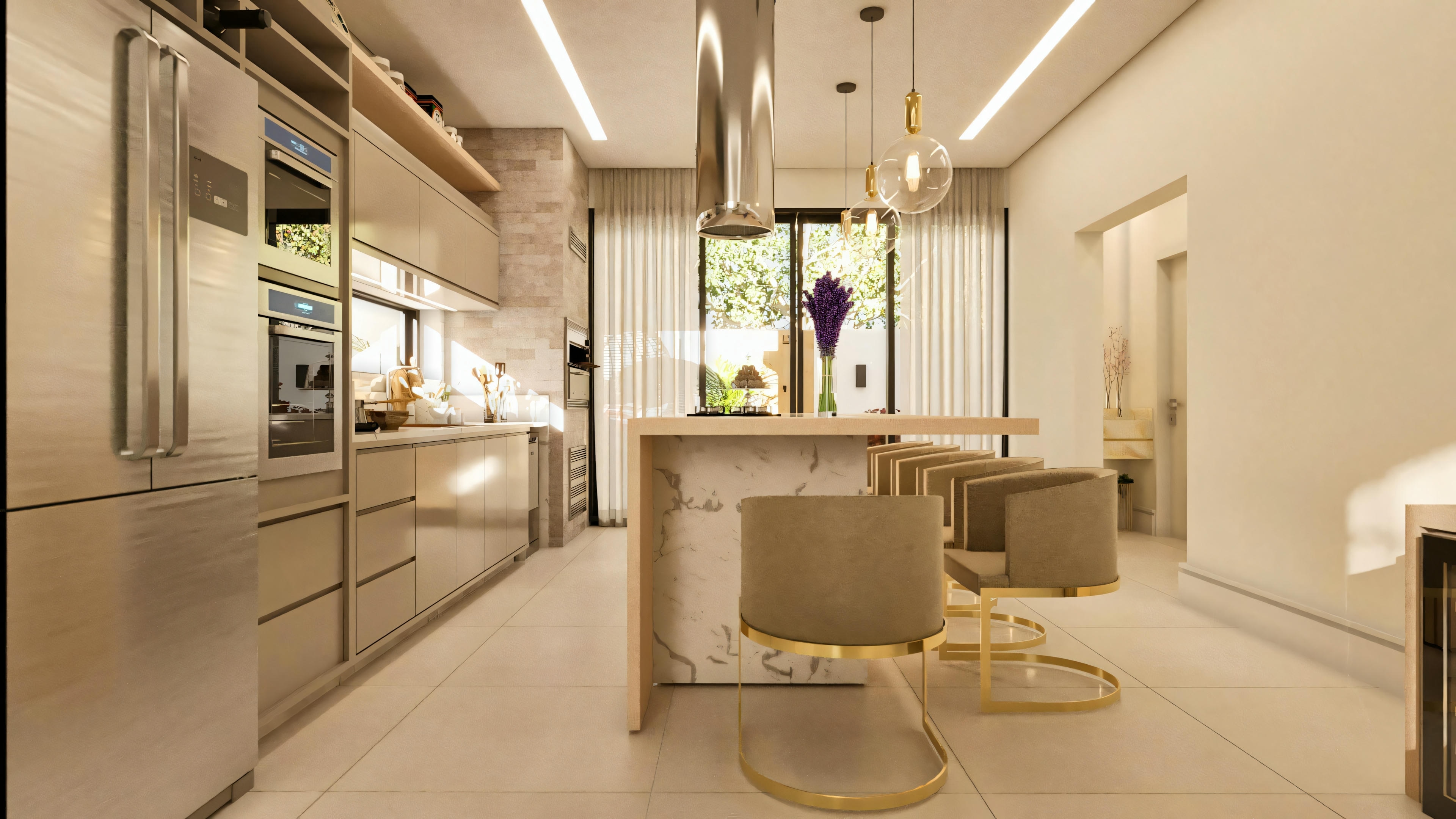 Vista da cozinha gourmet planejada em casa térrea com 3 suítes, mostrando a bancada de refeições com lateral em pedra (mármore ou quartzo), banquetas, armários e torre de eletrodomésticos em inox. Iluminação linear e pendentes sobre a bancada.