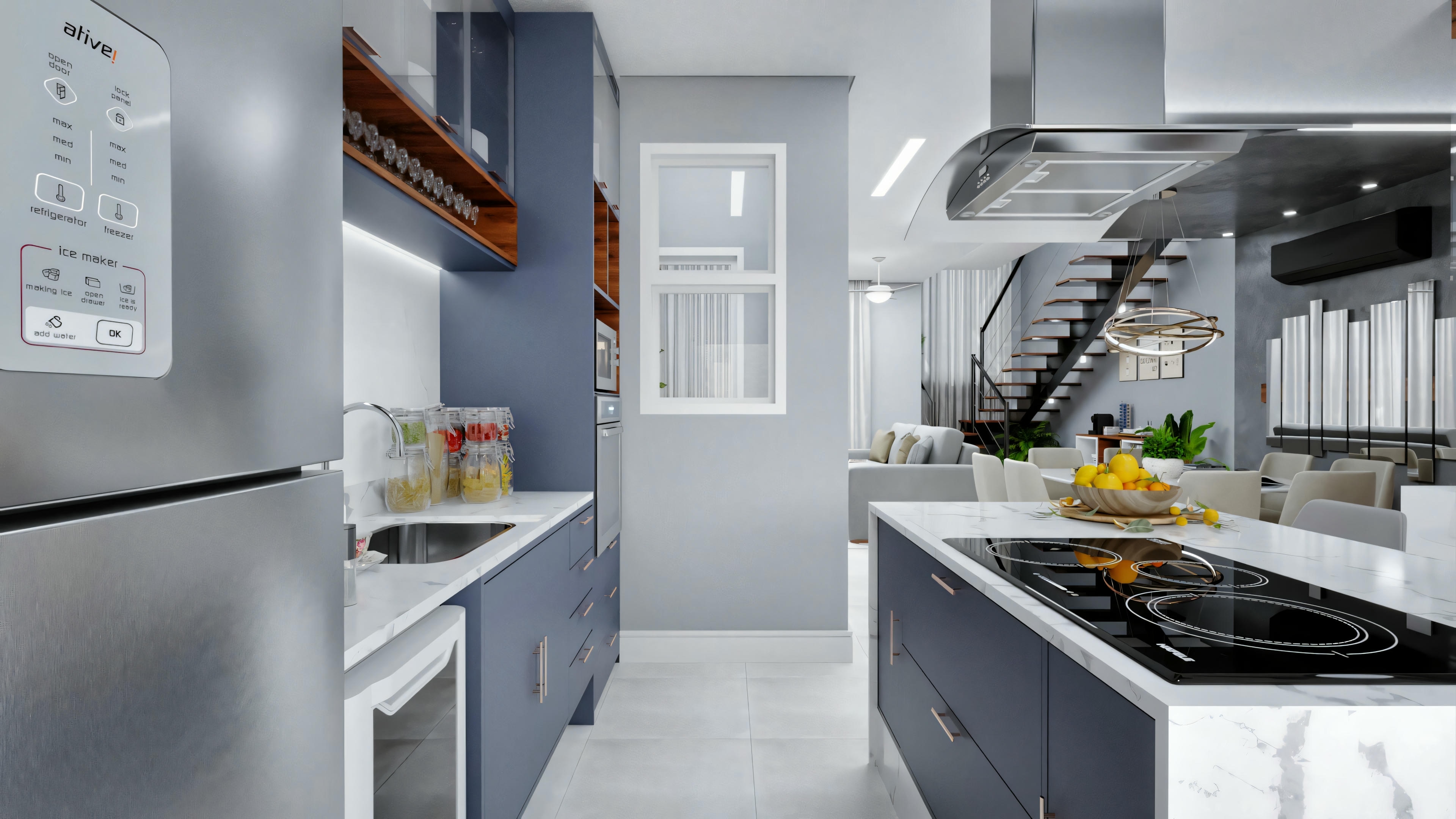 Uma cozinha moderna com armários brancos, eletrodomésticos de aço inoxidável e uma bancada preta com uma fruteira.