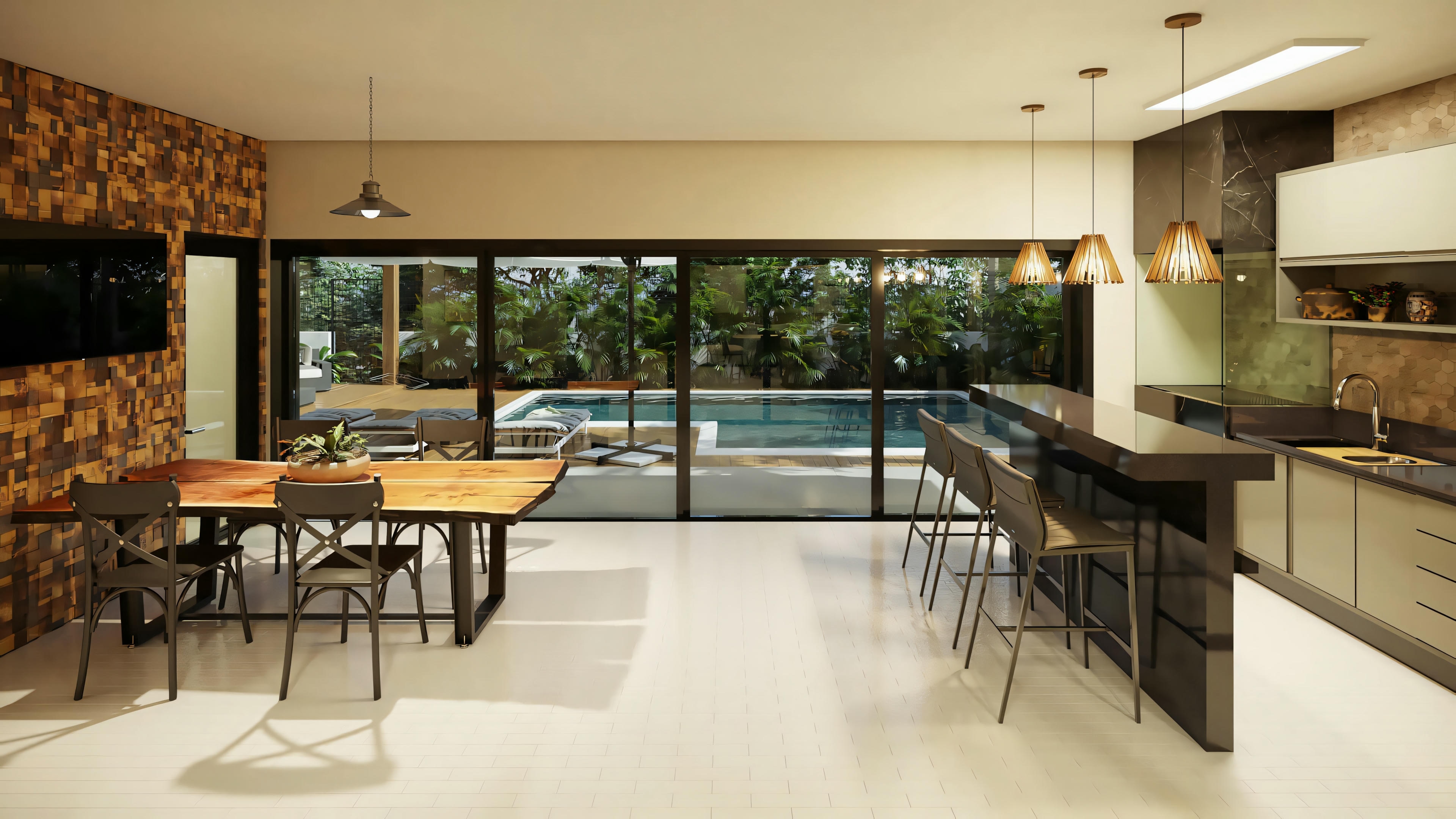 Cozinha moderna com área de jantar, armários de madeira escura, bancada clara e portas de vidro deslizantes.