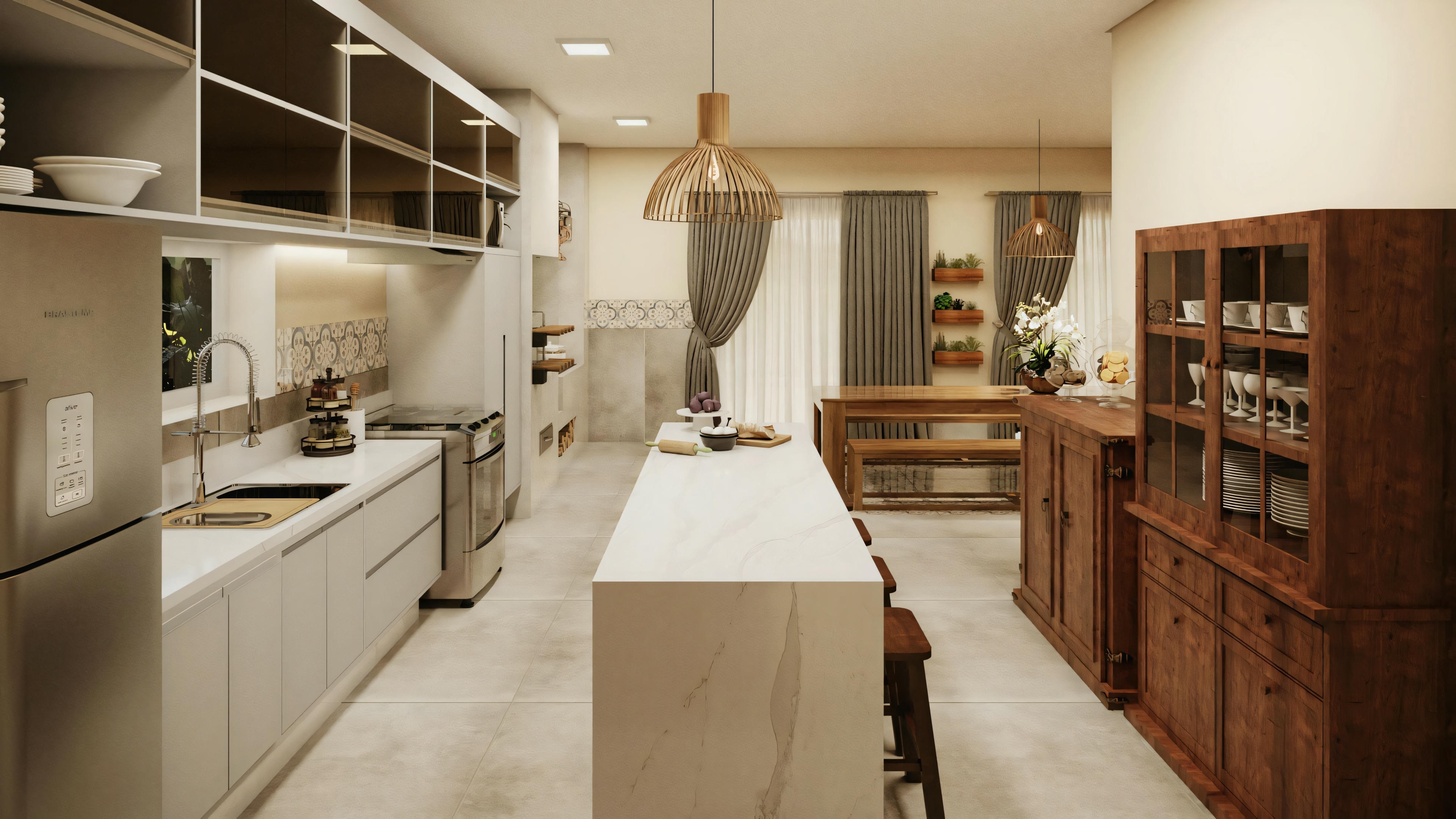 Cozinha moderna com eletrodomésticos e armários contemporâneos.