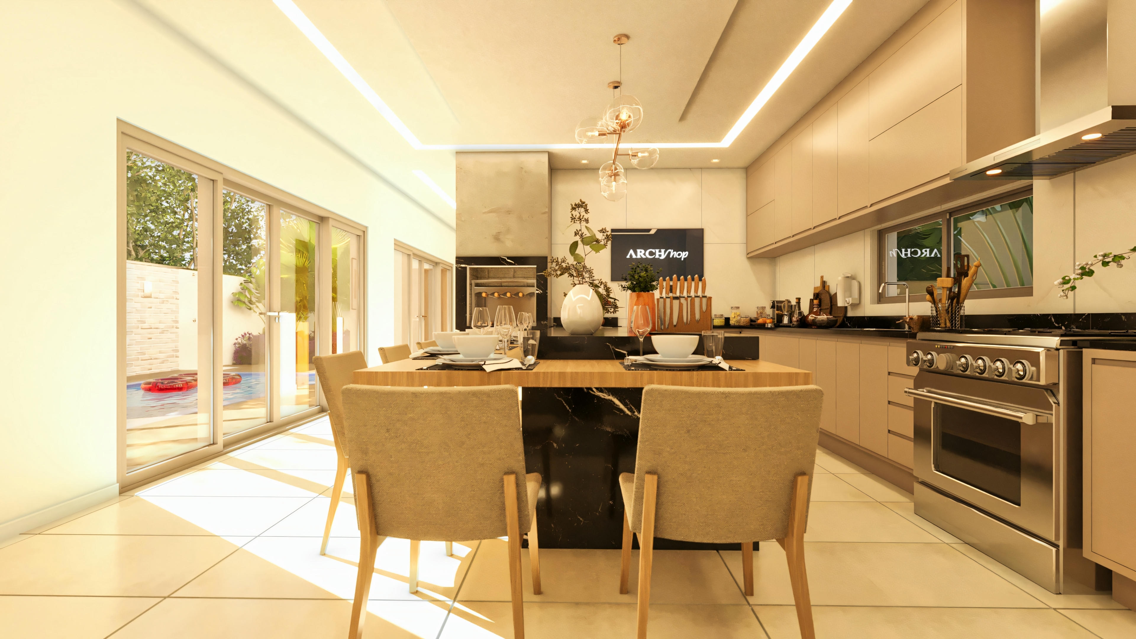 Cocina moderna con electrodomésticos contemporáneos, isla central con fregadero y área de comedor.