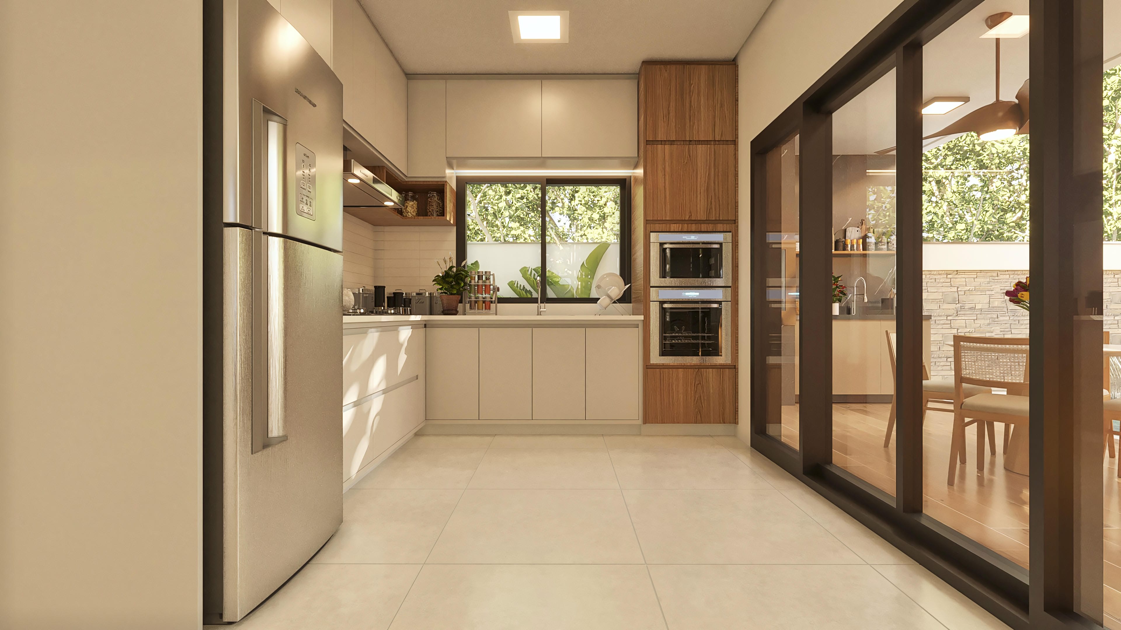 Cozinha moderna e funcional com armários planejados em tons claros e madeira, bancada ampla, eletrodomésticos embutidos e vista para a área externa com piscina.
