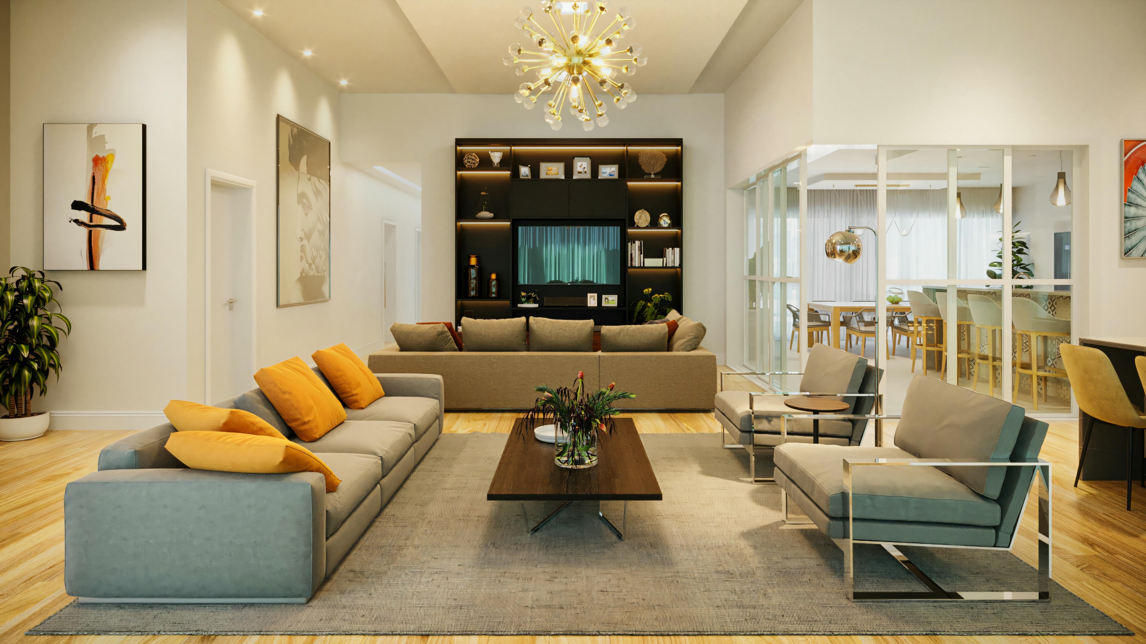 Main living room in a luxury house with 3 suites, pool and gourmet area. The image displays the furniture layout, including comfortable sofas, armchairs, home theater panel and integration with other social environments such as dining room and kitchen. Ideal for a 3-suite house plan with a gourmet area.