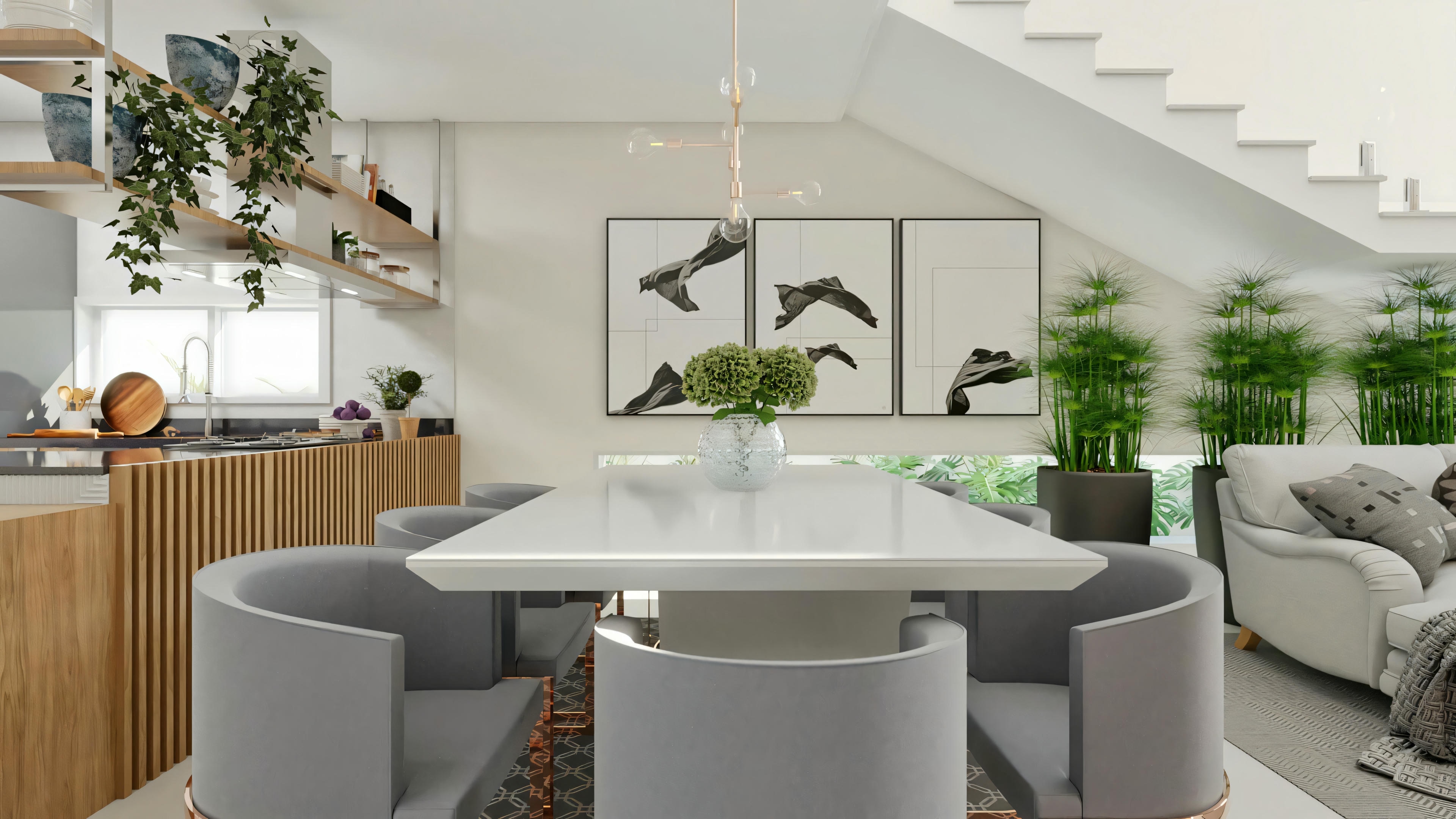 Integrated dining room in ArchShop modern residential project with 3 suites and pool. Environment with white dining table, gray upholstered chairs, modern pendant lamp, decorative painting and view to living room and kitchen. Contemporary house with 250.56sqm.