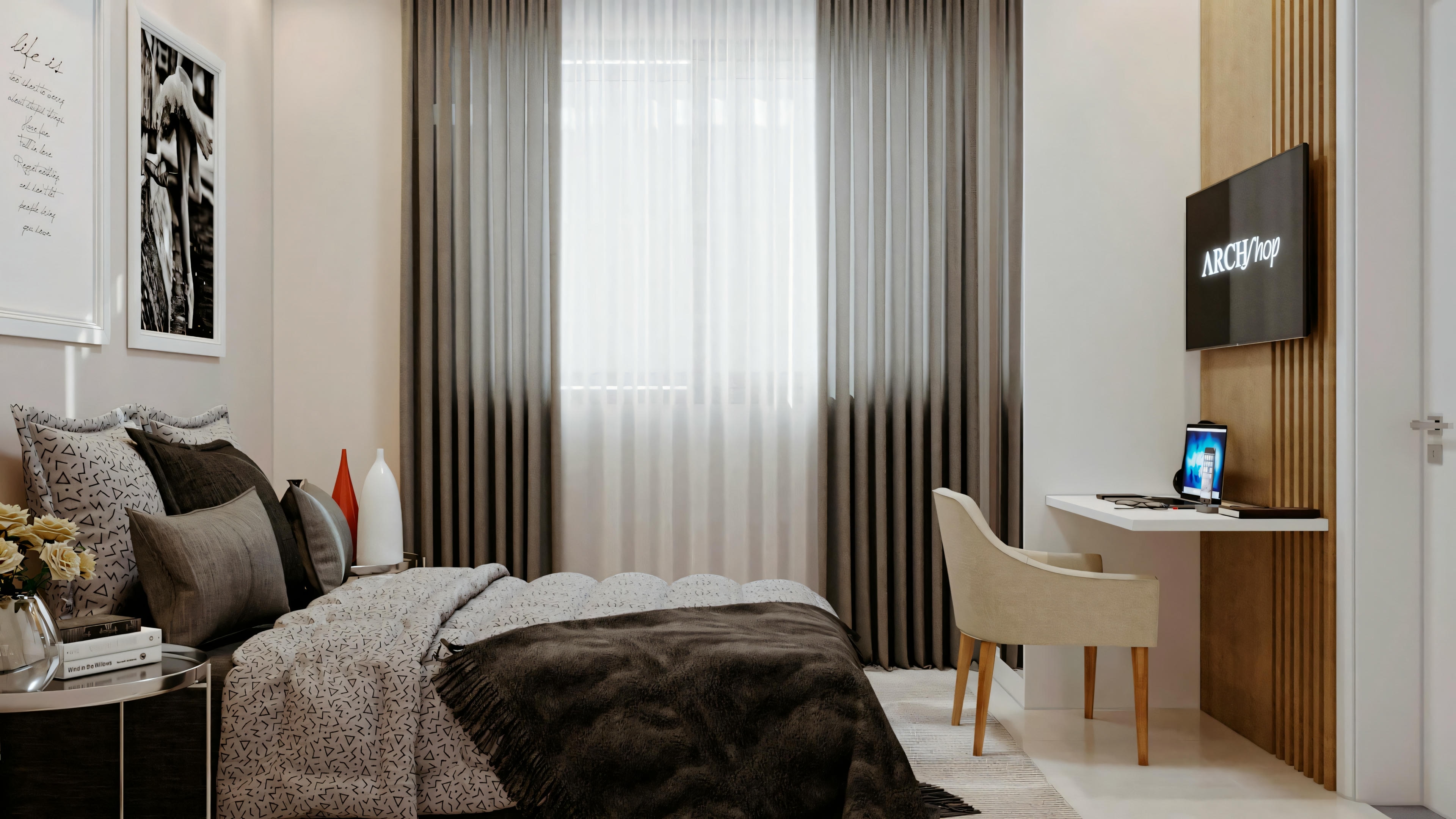 Un dormitorio con cama grande, mesas de noche y televisión en la pared opuesta a la cama.