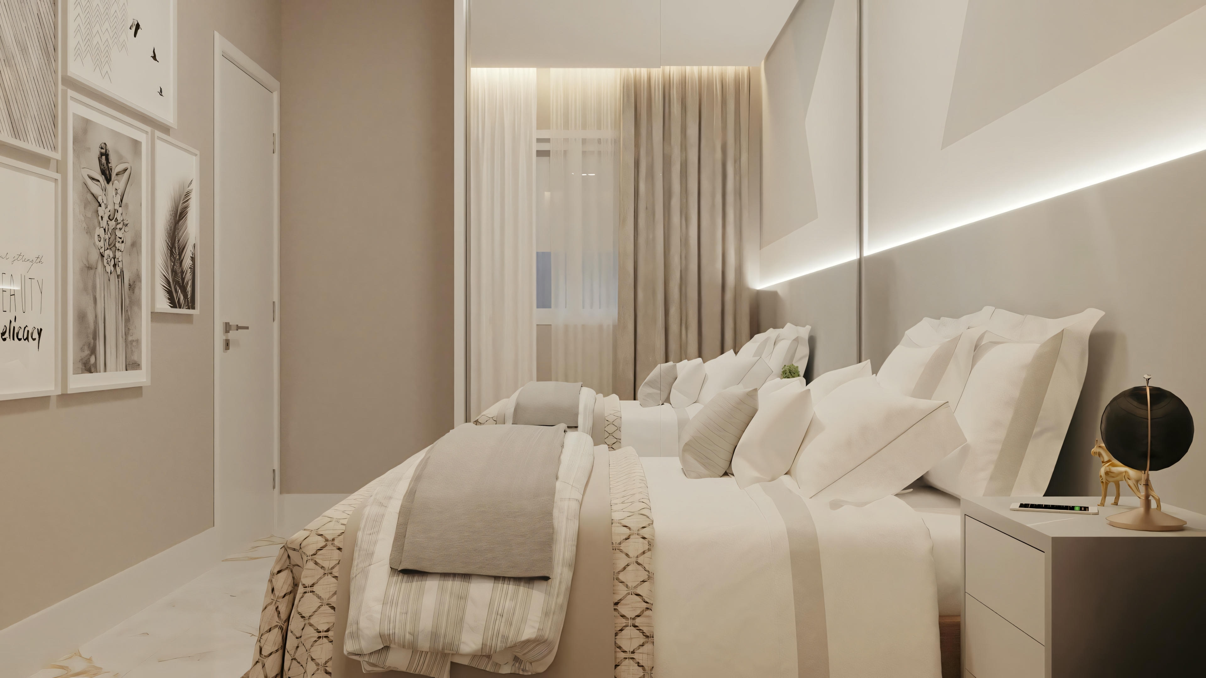 Um quarto com cama arrumada, mesas de cabeceira com luminárias e quadros na parede.