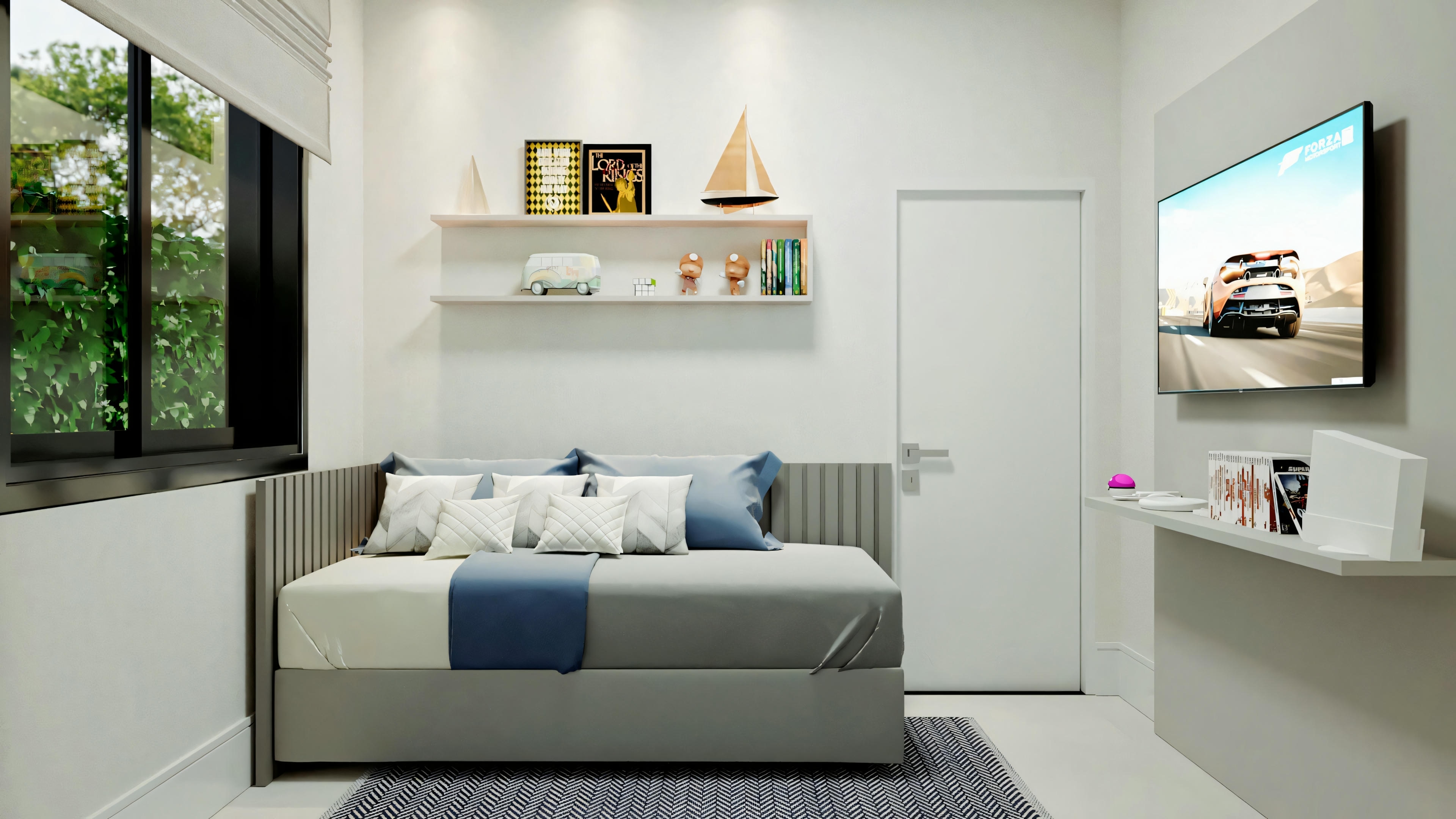 Dormitorio moderno con sofá gris, cojines decorativos, mesa de centro pequeña y estante de pared con ítems decorativos. Una gran ventana permite la entrada de luz natural.