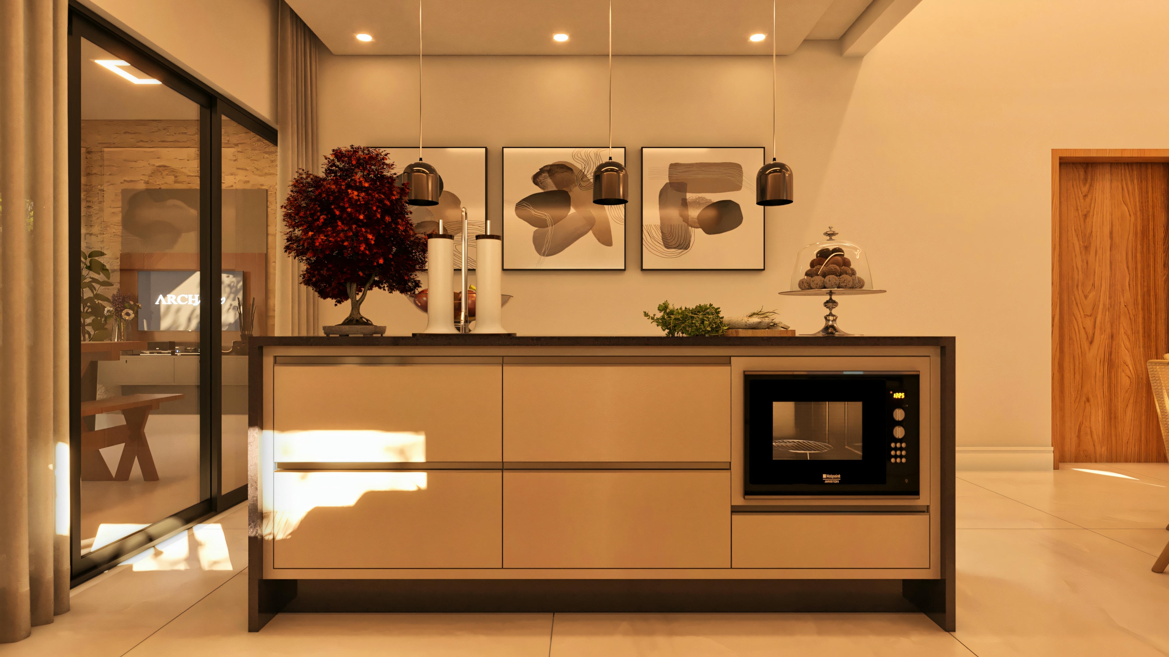 Encimera de cocina o buffet con microondas empotrado, armarios planeados y pendientes. Parte del diseño de interiores de una casa moderna con 3 habitaciones y 2 suites.