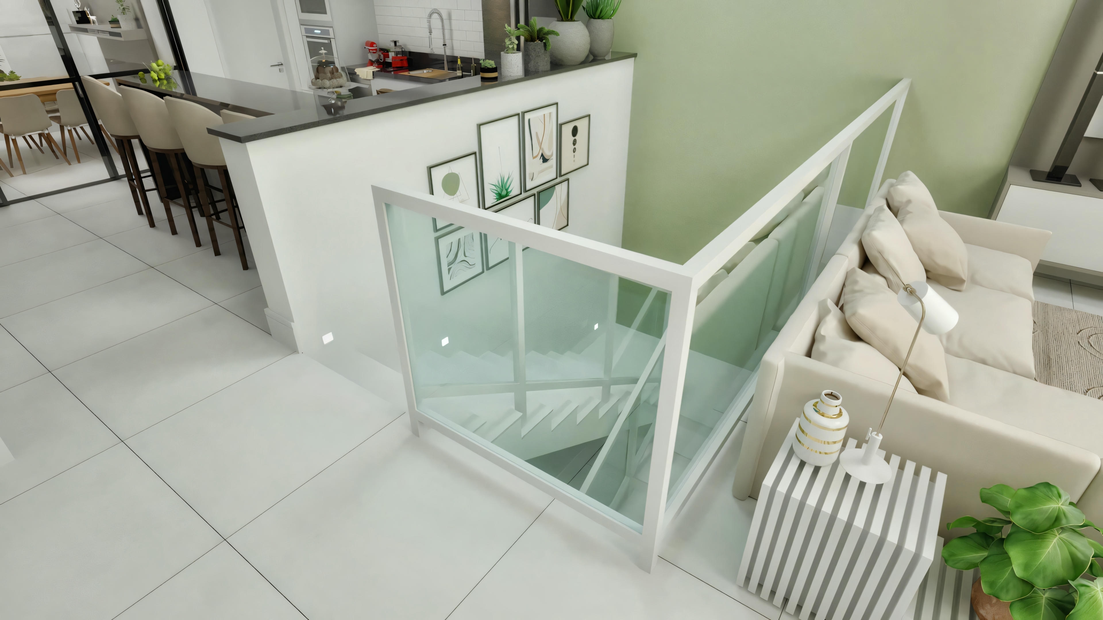 Escada moderna com corrimão de vidro ao lado de uma sala de estar.