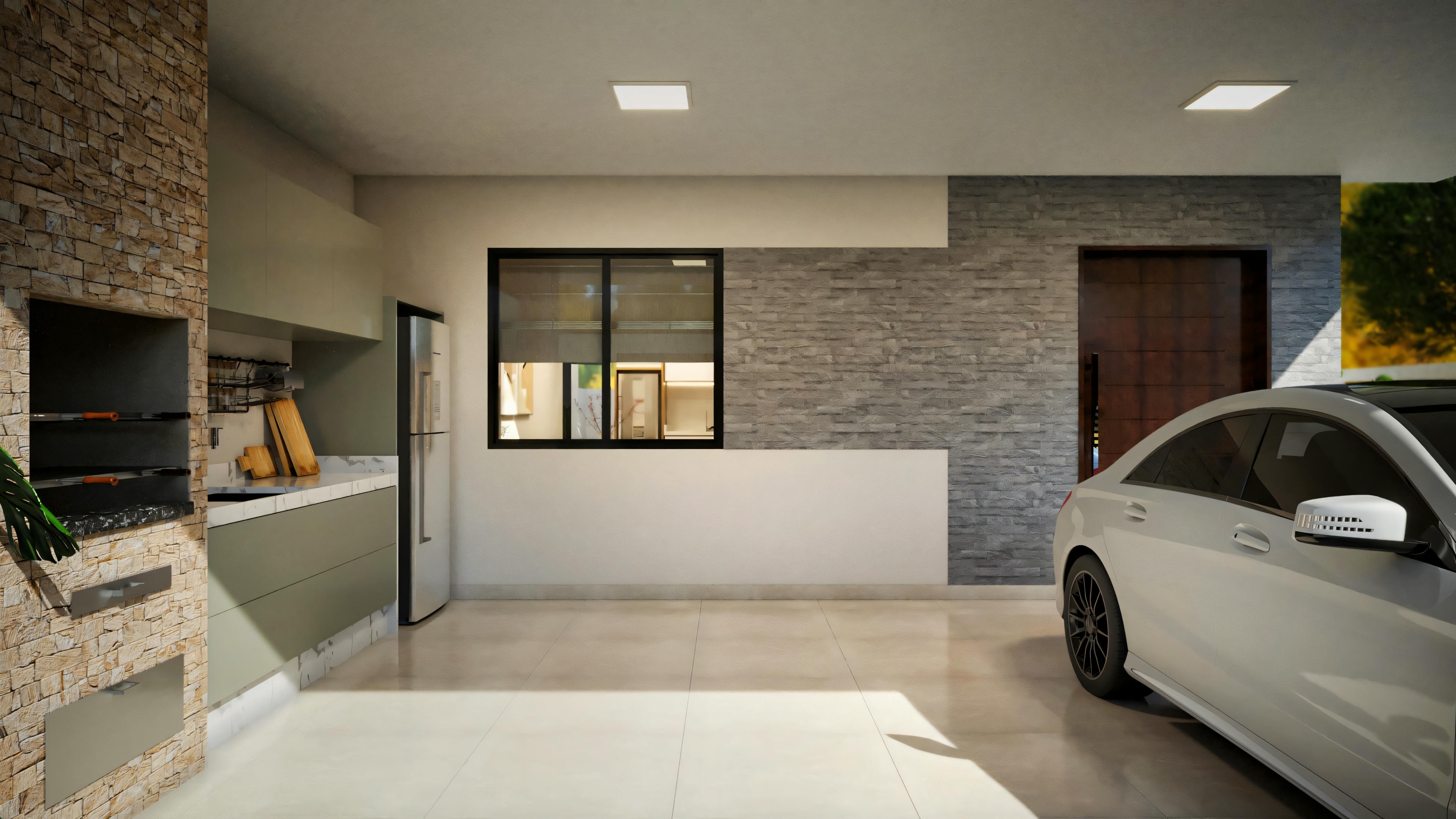 Un garaje moderno con un auto estacionado, destacando un diseño elegante con iluminación que realza el vehículo y la pared texturizada al fondo.