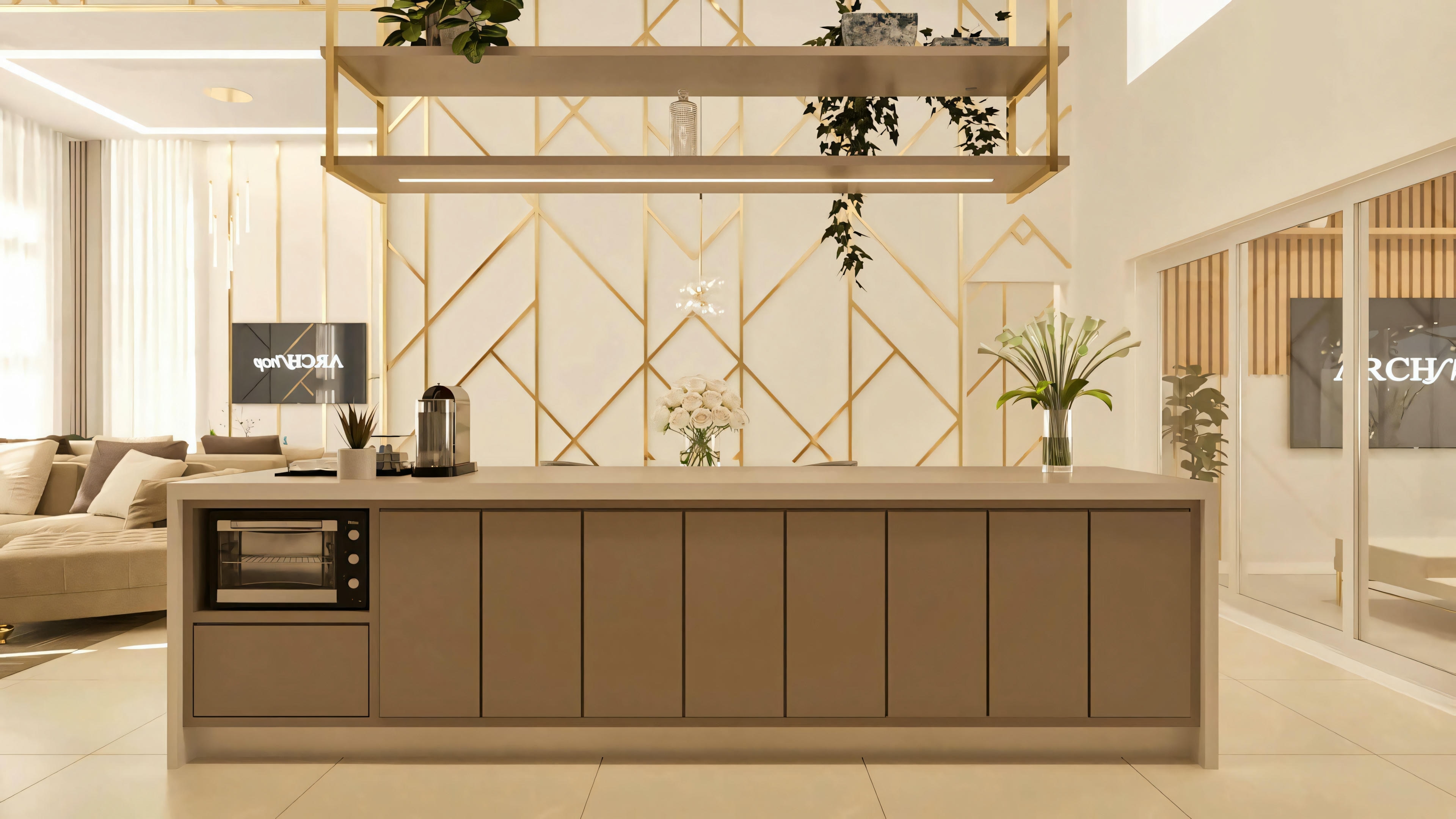 Rear part of the gourmet area island in a modern single-story house (3 bedrooms), with cabinets, appliance niche, and countertop, viewed from the integrated social area.