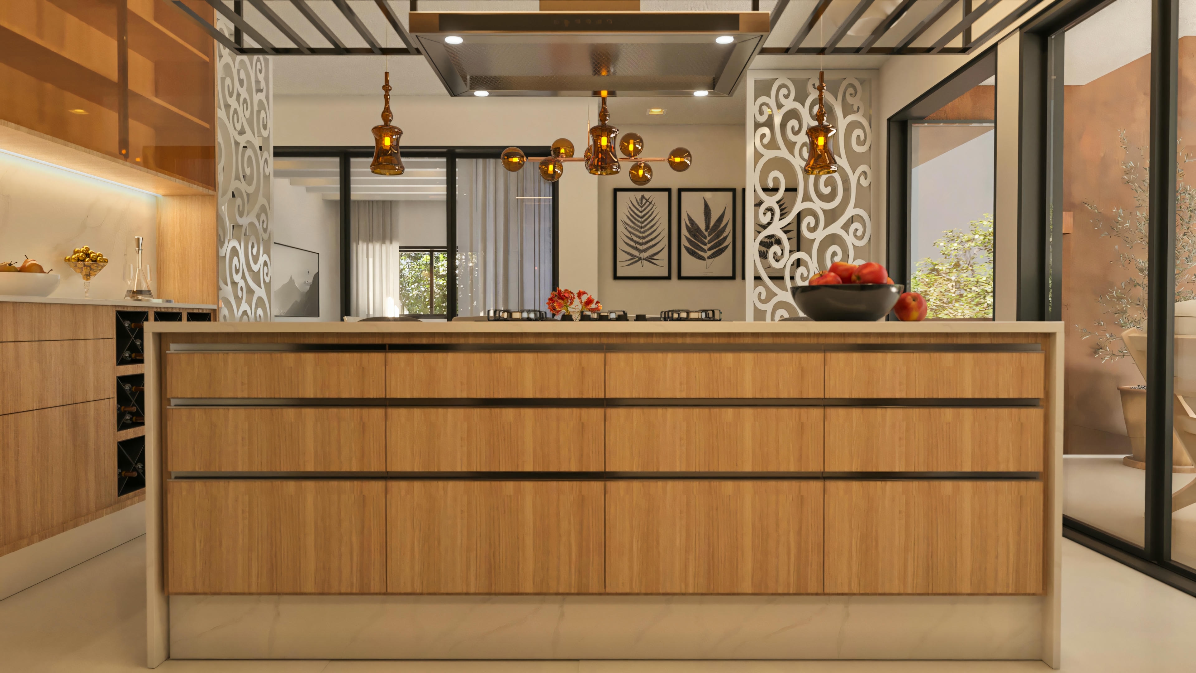 Gourmet kitchen island with light wood cabinets in a modern 394.84sqm house project, 4 suites, and pool. Detail of drawers with recessed pulls, light stone countertop, suspended stainless steel range hood, and in the background, dining room with white patterned decorative panels, botanical paintings, and access to the external area.