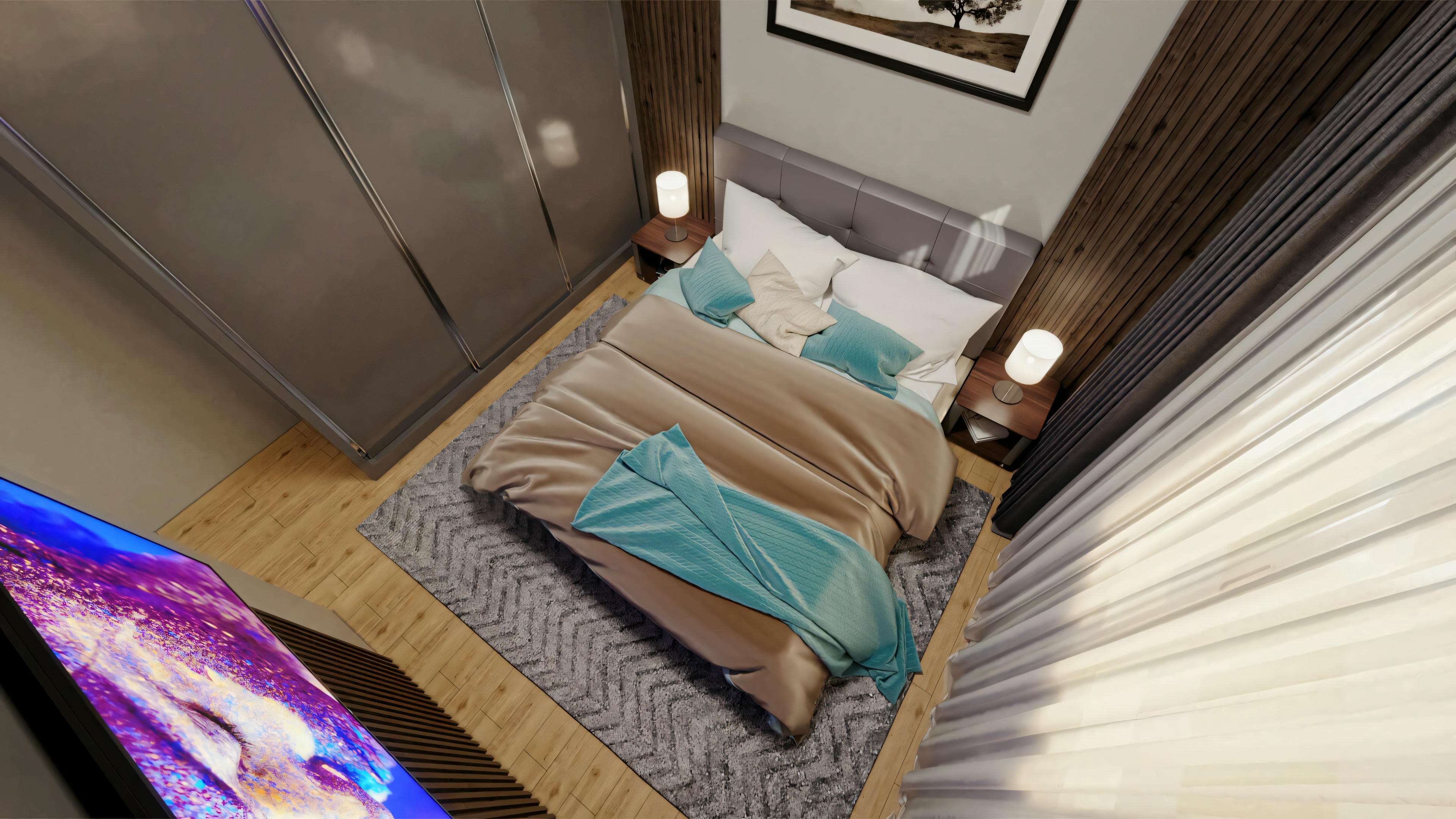 Una habitación con cama y lámparas laterales.