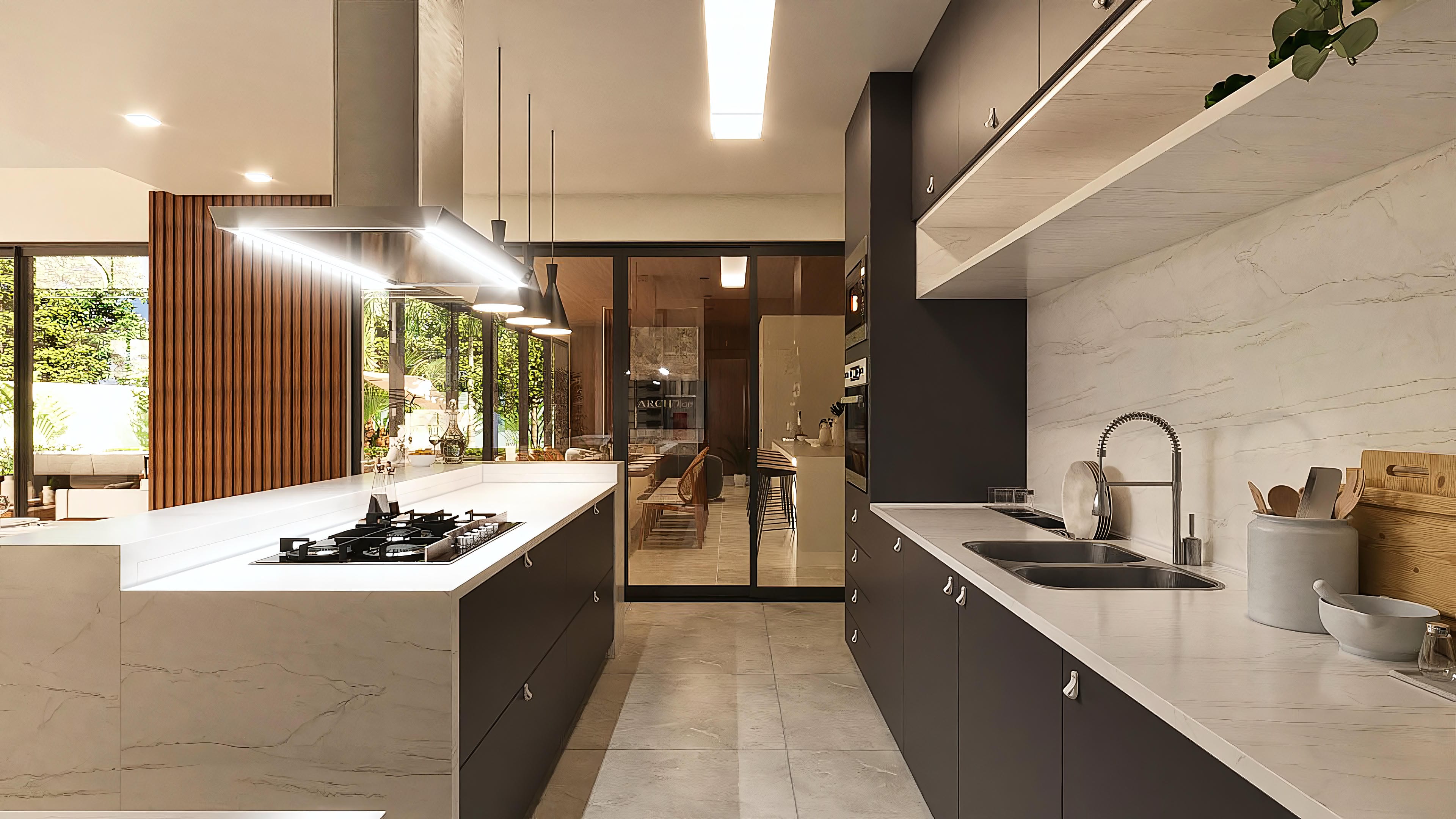 Interior of a modern kitchen in a neoclassical two-story house, with a central island, marble countertops, and dark cabinets.