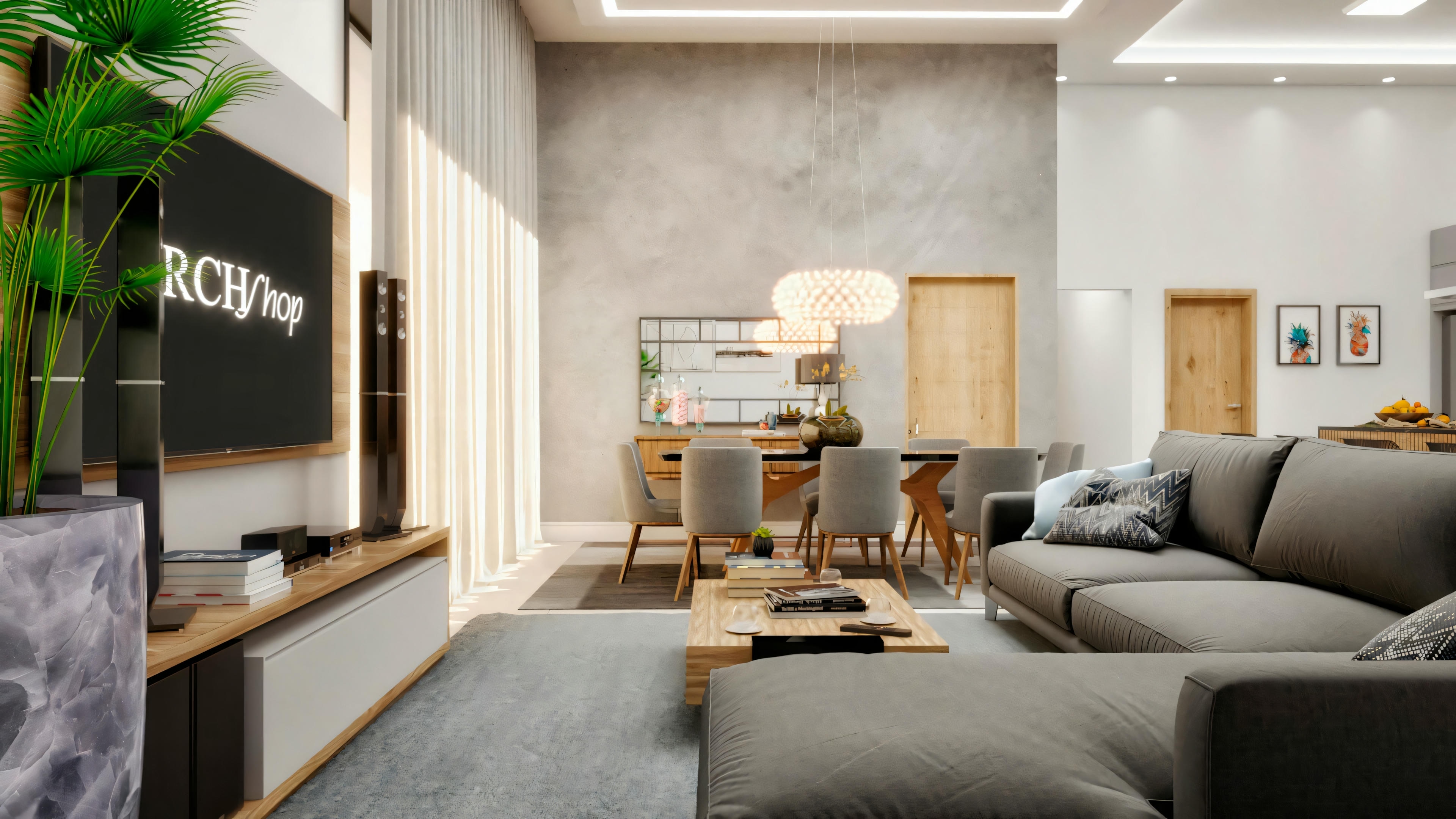 Espacio integrado de la sala de estar y comedor en casa de campo, con sofá gris, mesa de comedor con sillas e iluminación moderna.