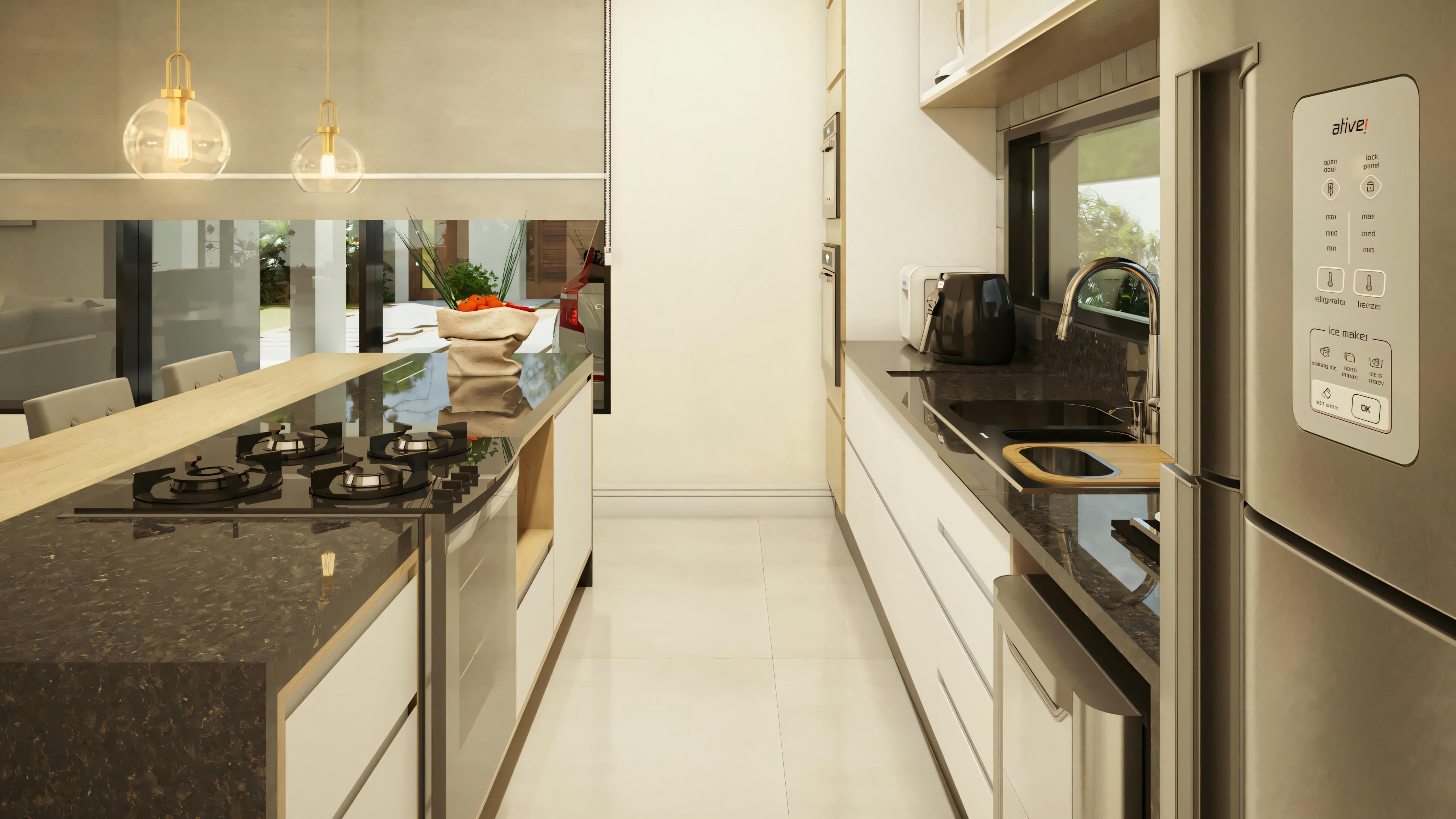 Functional corridor view of the kitchen/gourmet area in a ready-made modern house project. Shows countertop with cooktop on the left and countertop with sink and refrigerator on the right, with planned design.