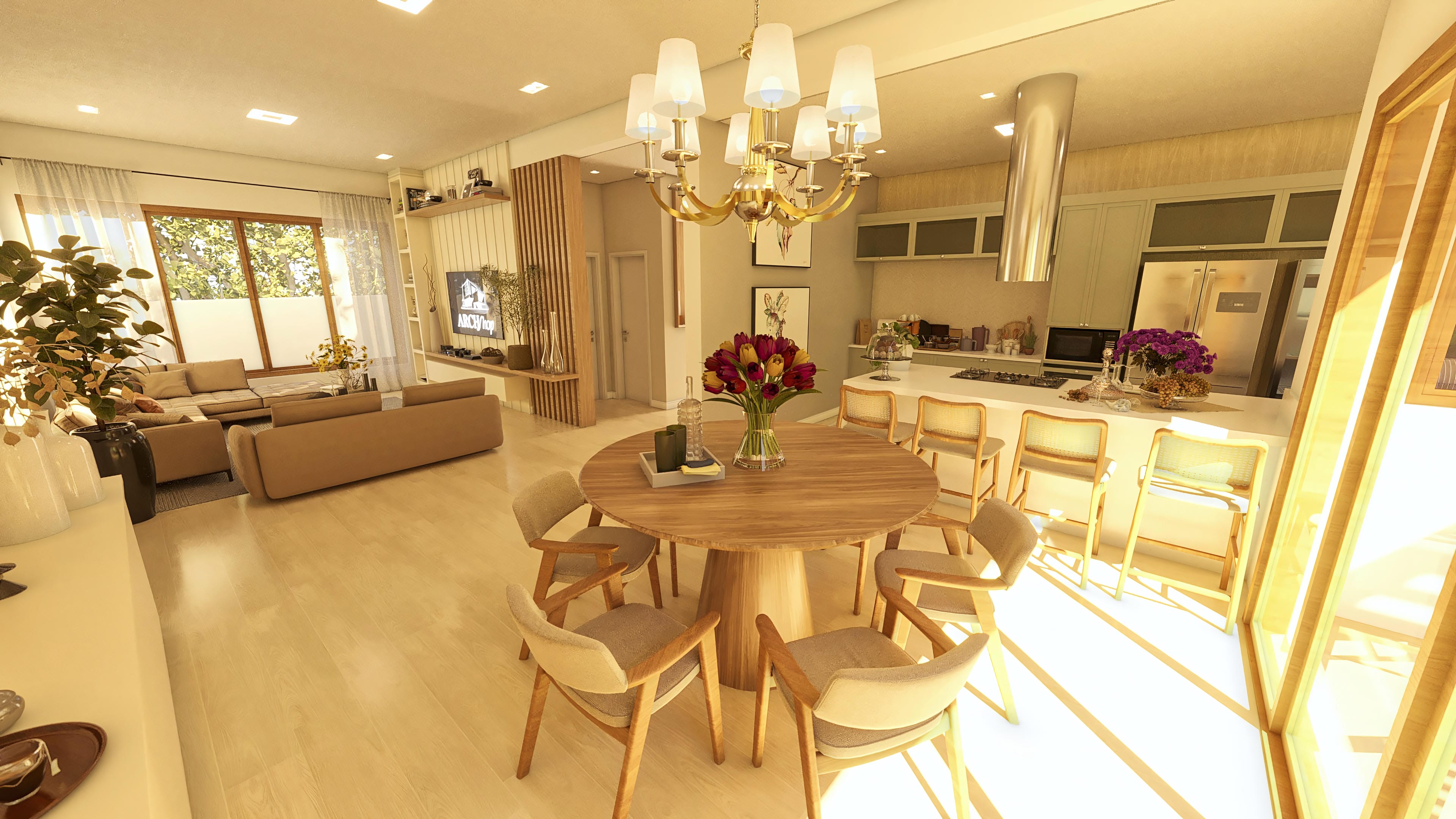 Interior view of a modern single-story house with a living room integrated into the kitchen and dining room, highlighting furniture and architectural details.