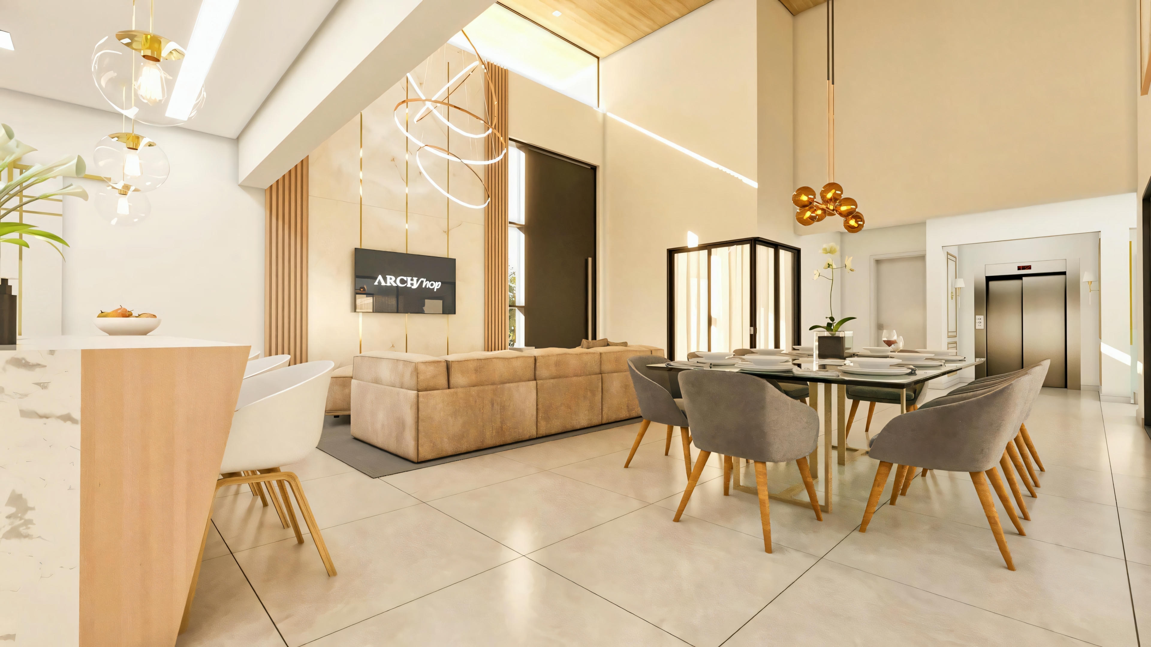 View of the integrated social space of a luxury residential project, from the kitchen, showing dining room, living room, high ceiling, and elevator.