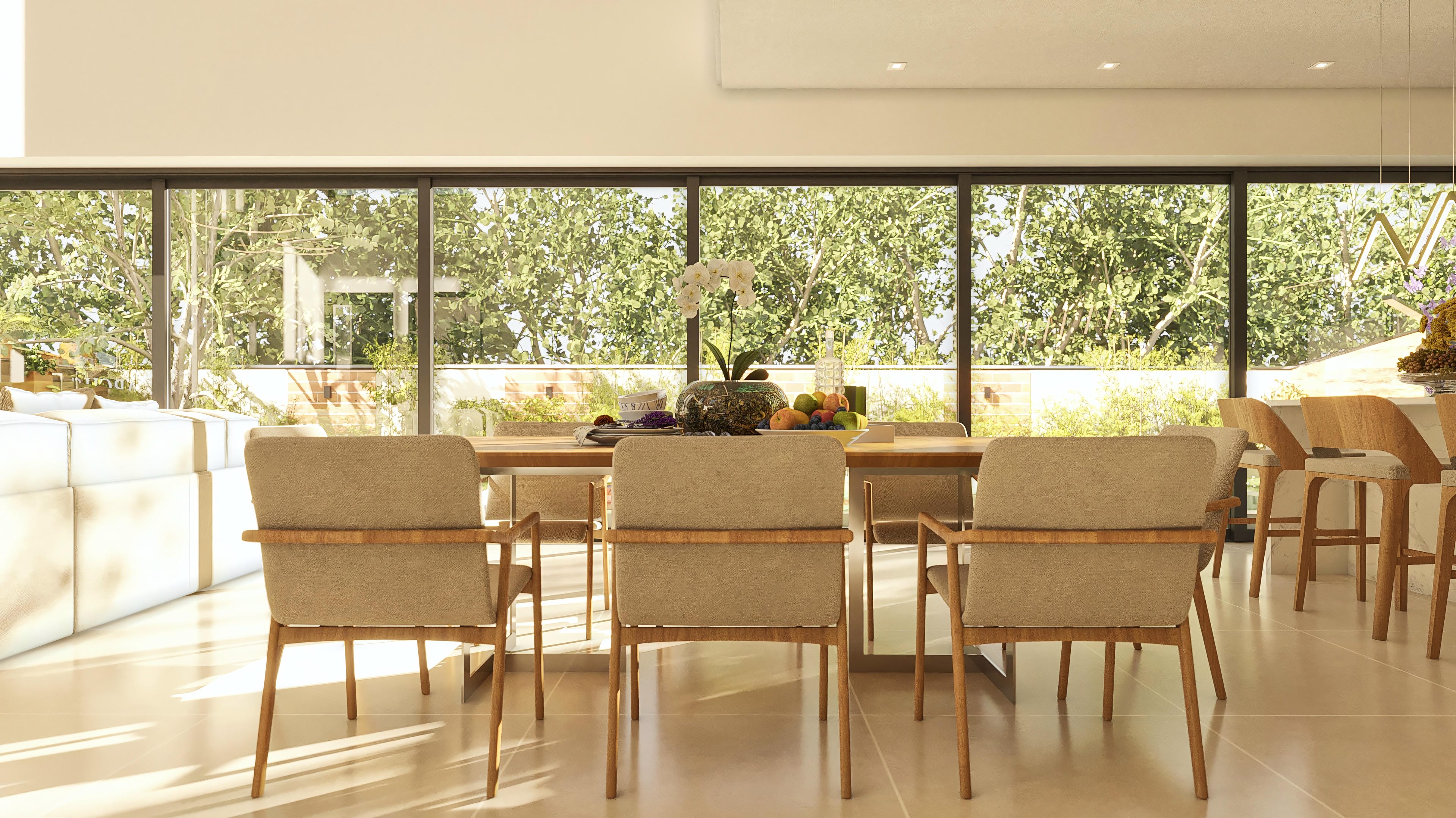 Dining room with a wide view of the outdoor area, abundant natural lighting, wooden furniture, and upholstery in neutral tones, integrating with the gourmet kitchen and leisure area with pool.