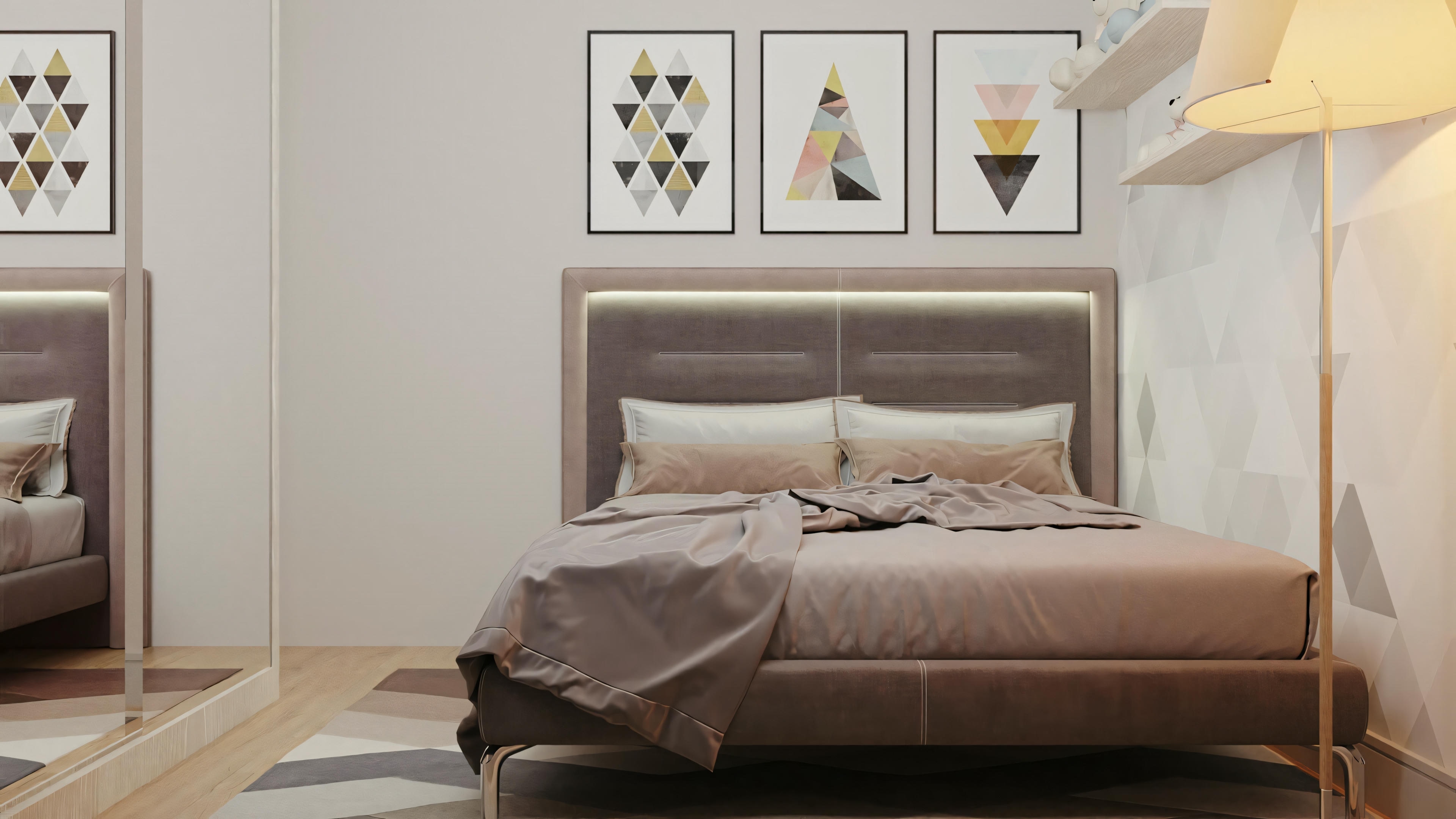 A modern bedroom with a large bed, nightstands, and framed art on the wall.