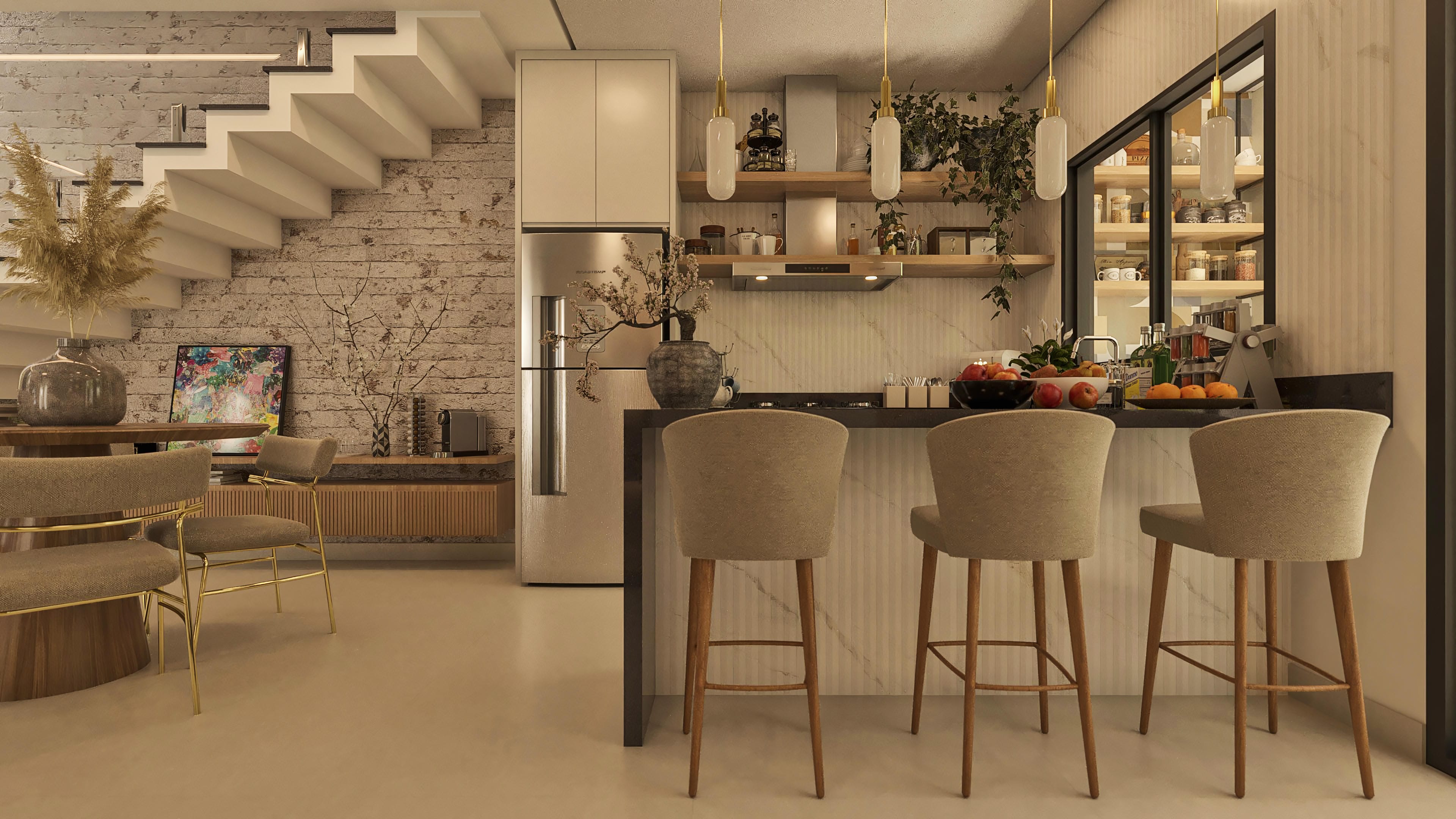 Modern interior with integrated kitchen, island with stools, winder staircase with exposed stone finish, and dining room.