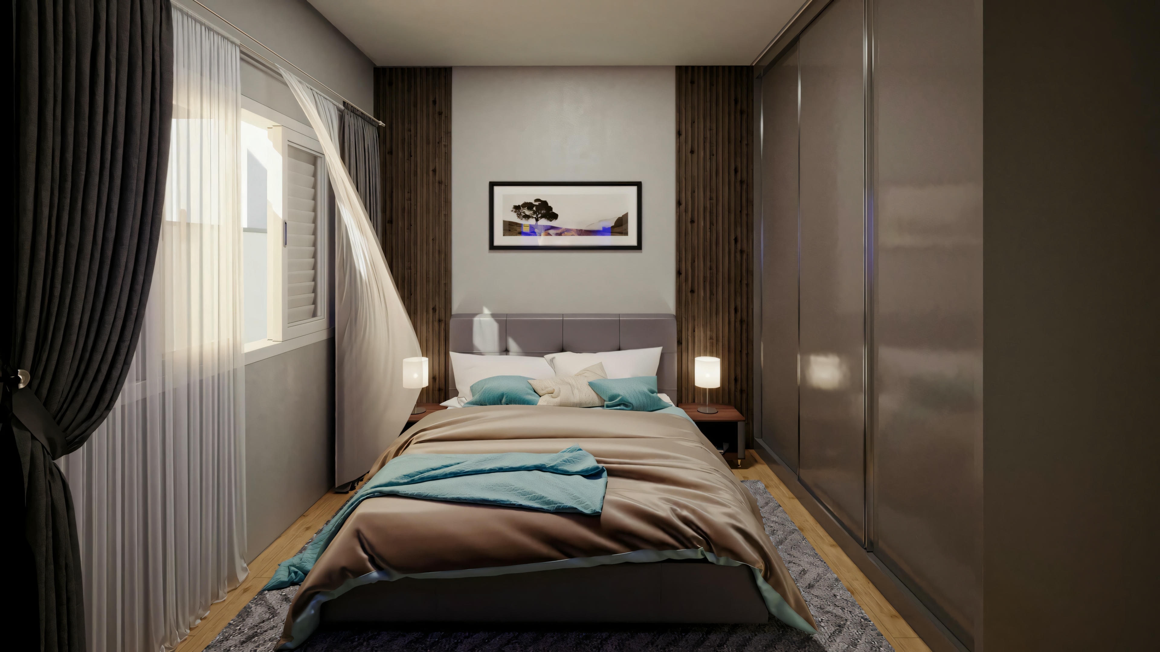 Modern and cozy master bedroom in a 60m² house (2 bedrooms). It features a double bed with an upholstered headboard, a dark wood slatted panel, a custom-made wardrobe with sliding doors, and a window with curtains.