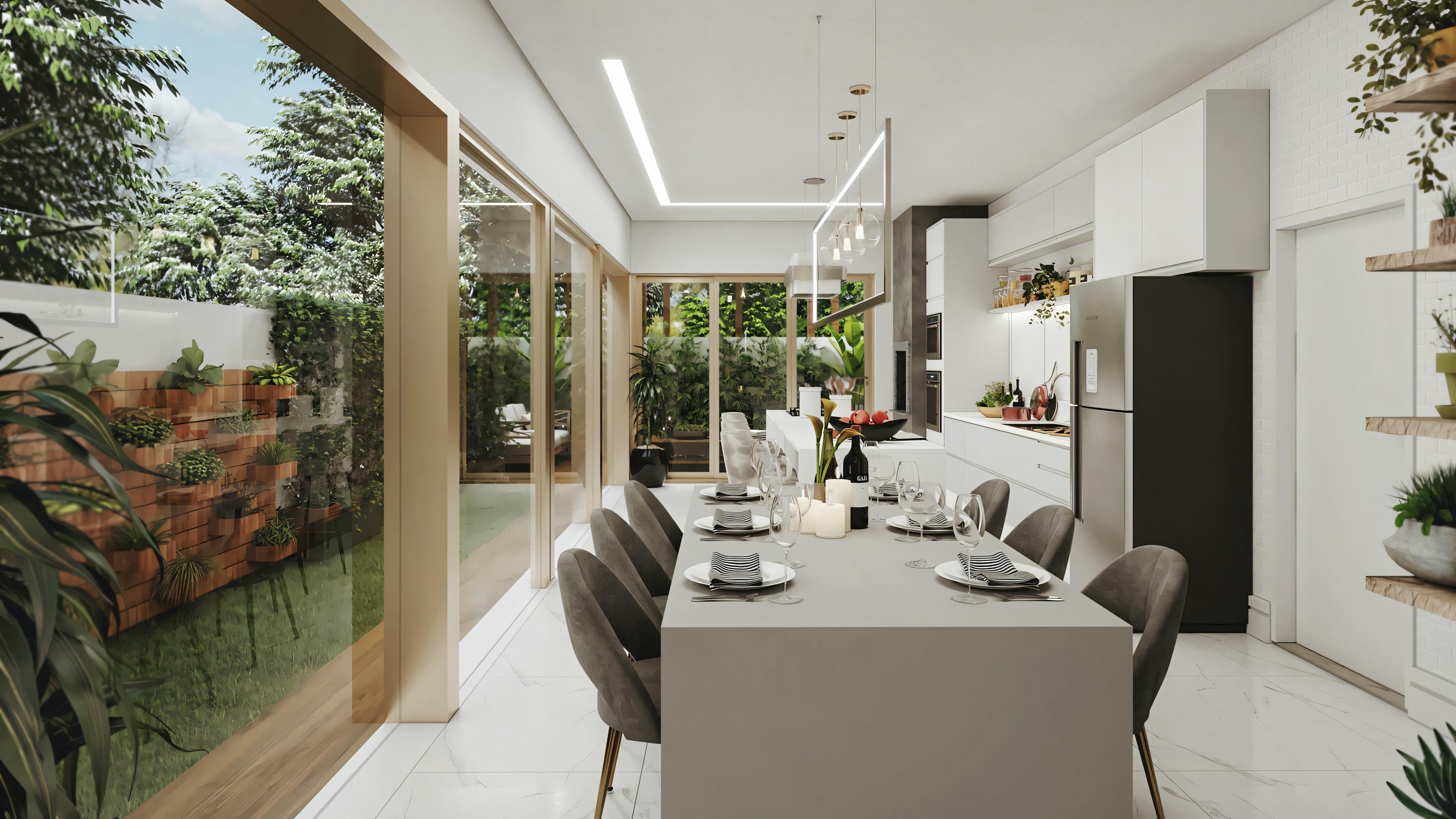 Internal view of a modern dining area with large windows overlooking a garden, interesting for those seeking inspiration in architecture or interior design.