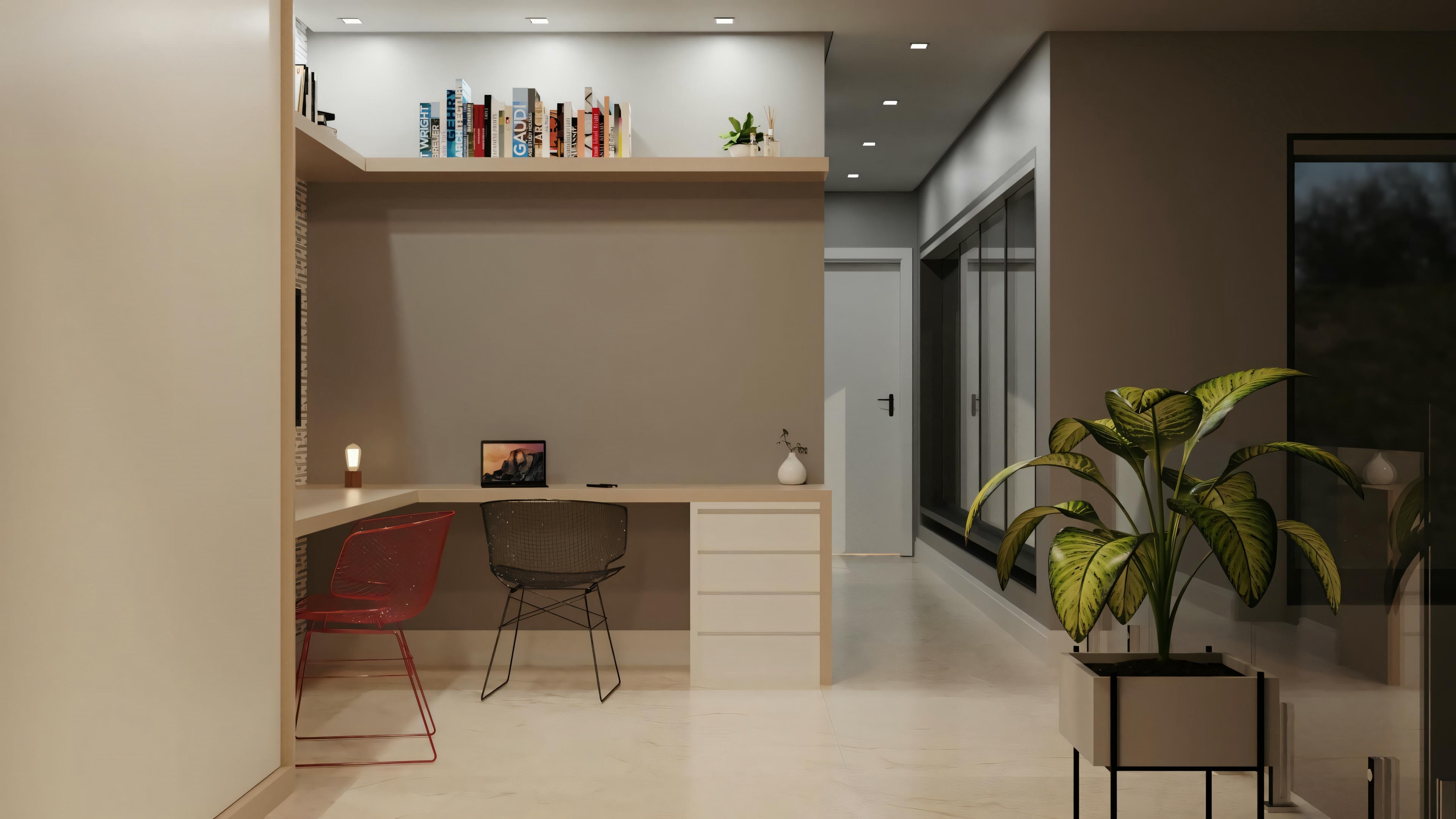 An interior space with modern furniture, including a dining table, chairs, and shelves with decorative items.