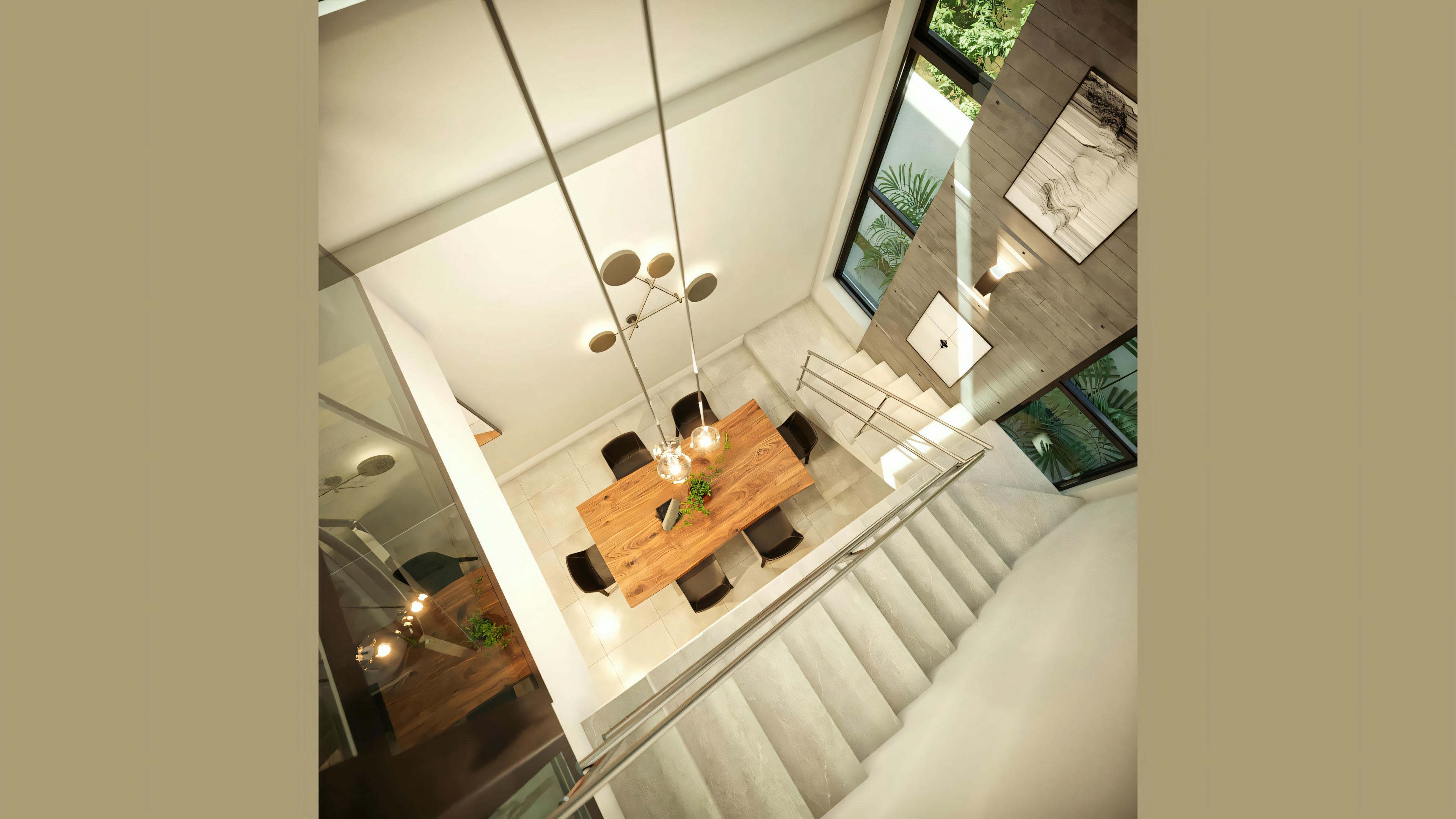 Modern dining room with a table for four, surrounded by chairs and near a kitchen area with countertops.