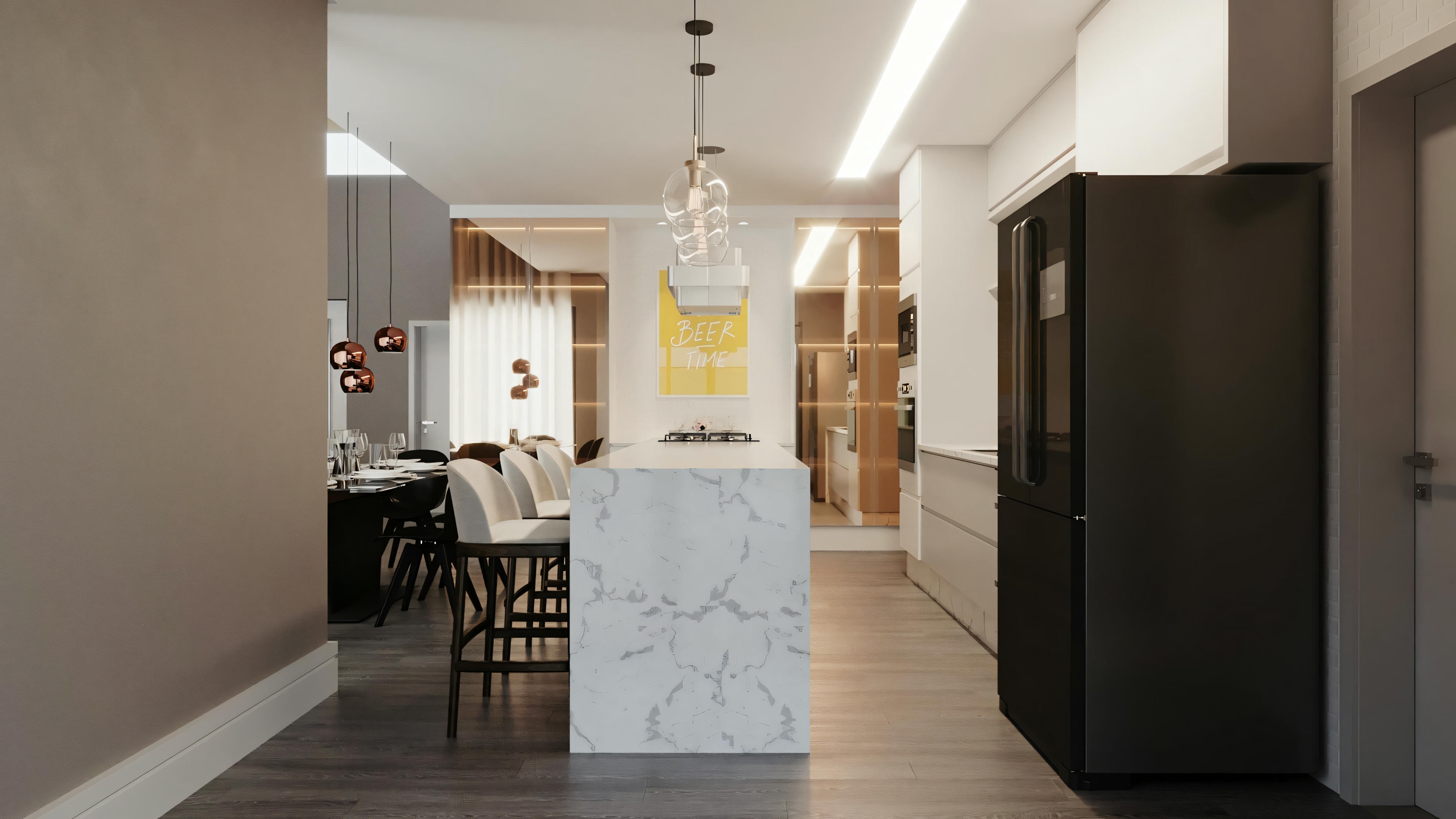 View of a modern hallway with coat racks and elegant decor.